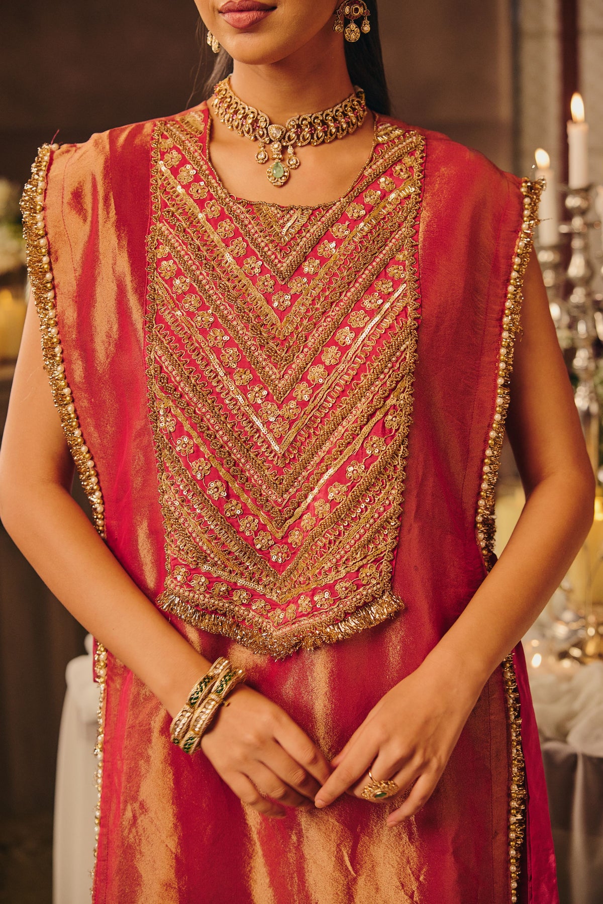 Pink Shine Embellished Shimmer Tissue Silk Pant Set