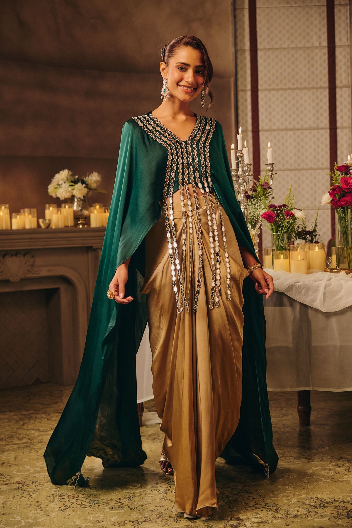 Emerald Green Embellished Satin Silk Skirt Set