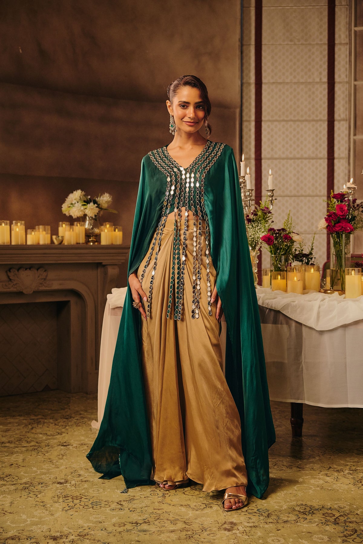 Emerald Green Embellished Satin Silk Skirt Set
