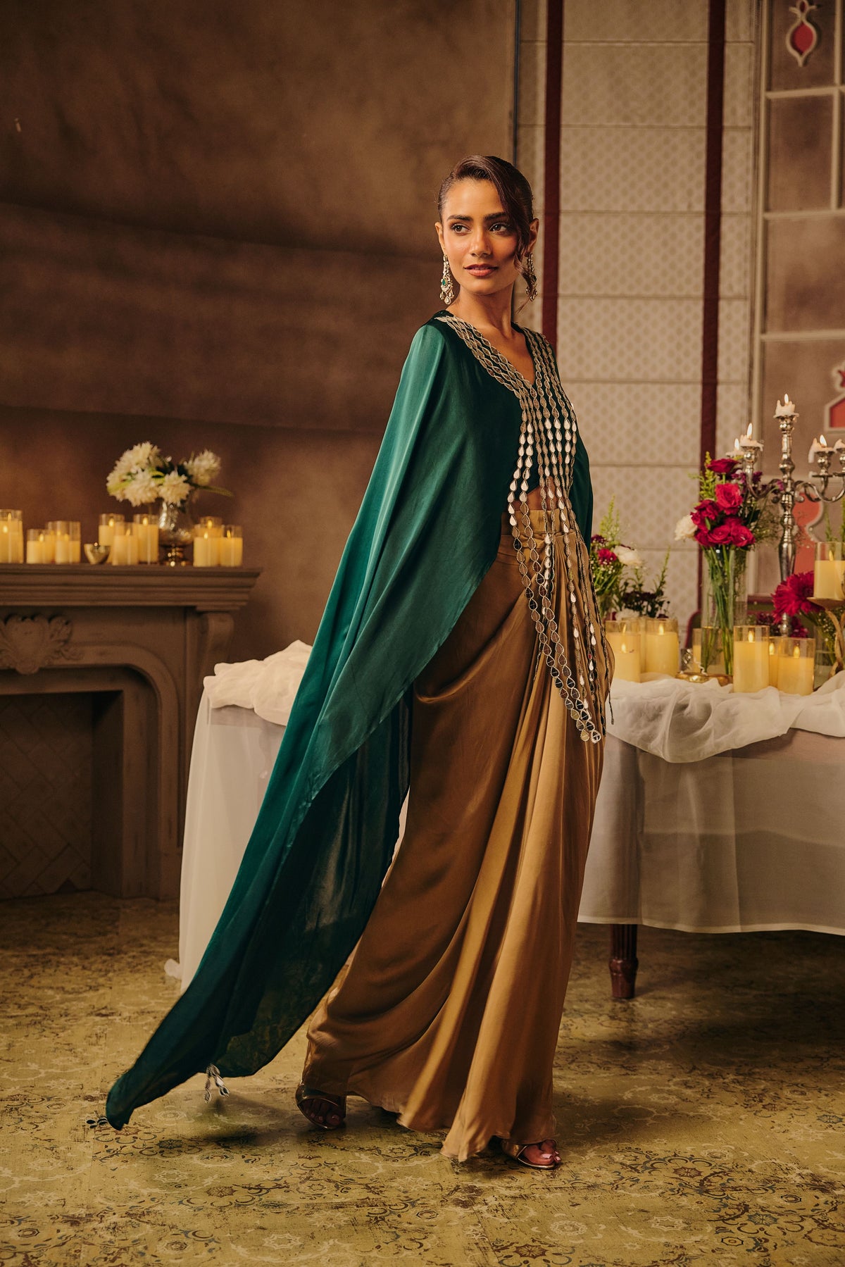 Emerald Green Embellished Satin Silk Skirt Set