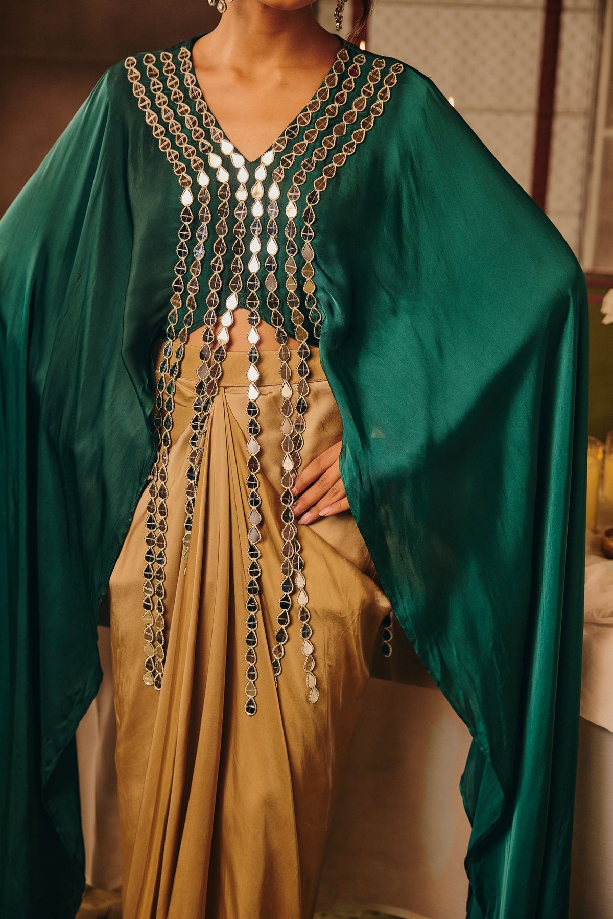 Emerald Green Embellished Satin Silk Skirt Set