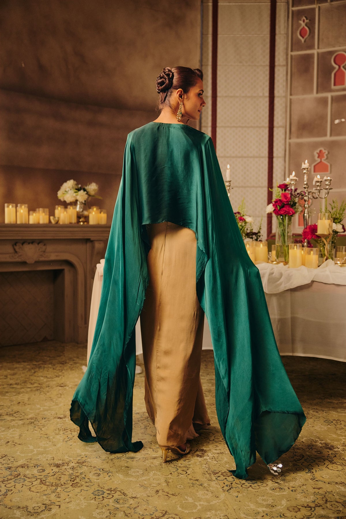 Emerald Green Embellished Satin Silk Skirt Set
