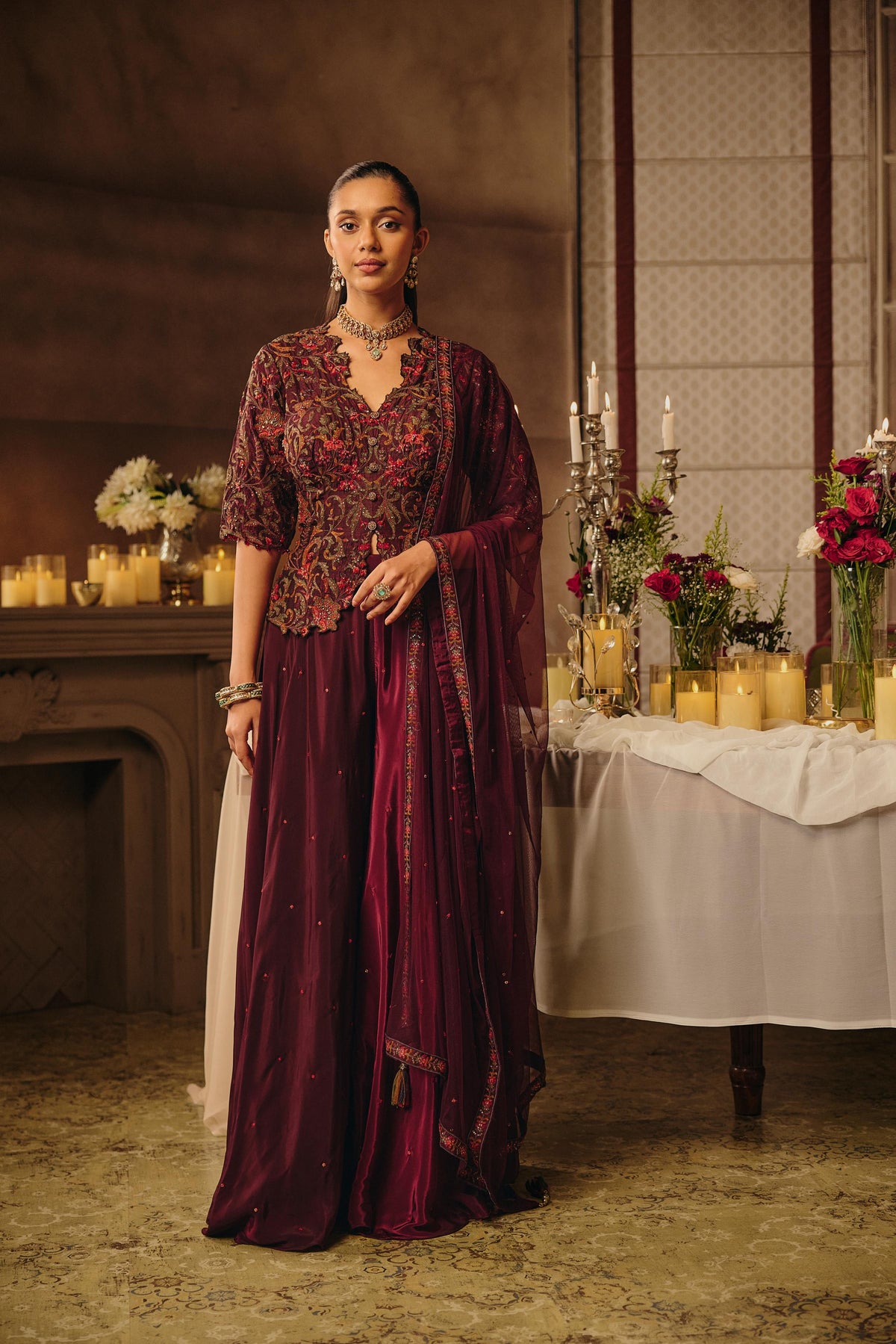 Mulberrry Wine Embellished Satin Silk Skirt Set