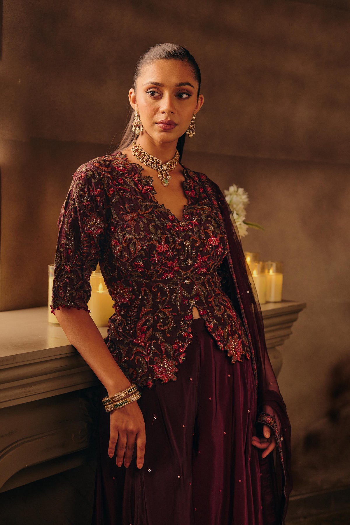 Mulberrry Wine Embellished Satin Silk Skirt Set