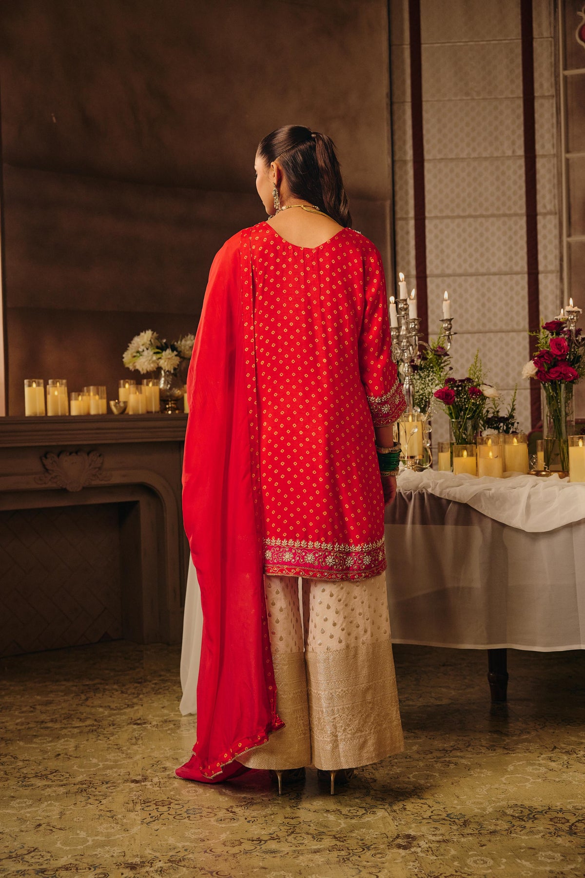 Bright Red & Ivory Gold Embellished Raw Silk Palazzo Set