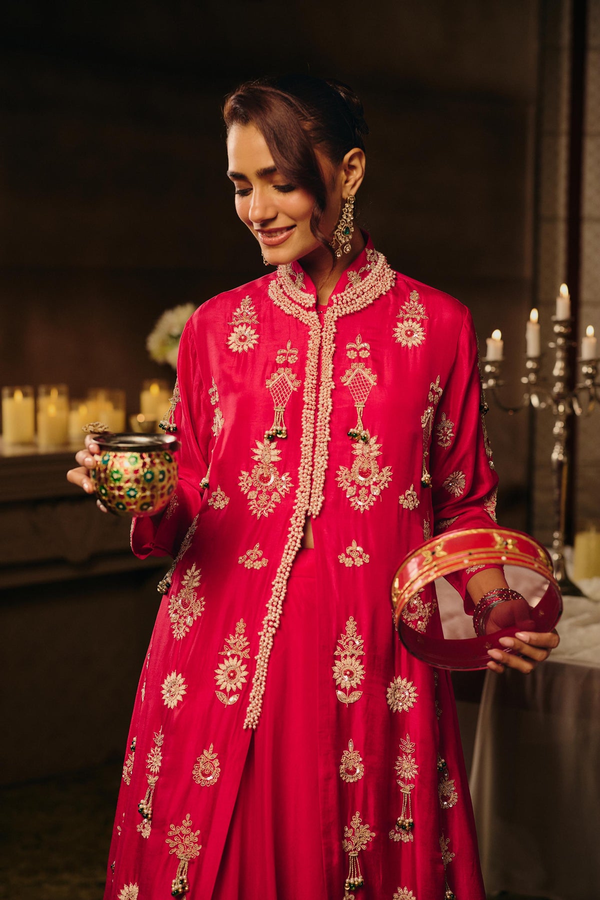 Royal Pink Embellished Premium Silk Jacket Skirt Set