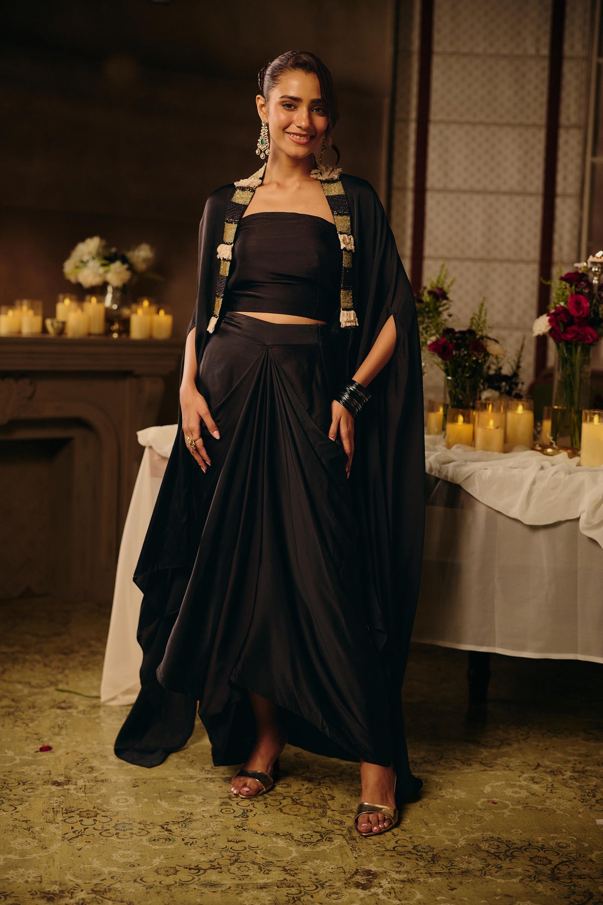 Jet Black Ivory Embellished Crepe Satin Silk Skirt Set