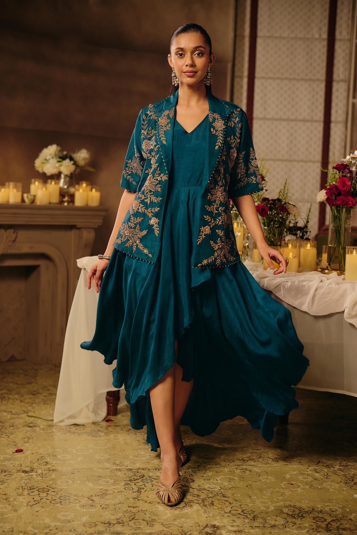 Teal Green Embellished Raw Silk Jacket Dress