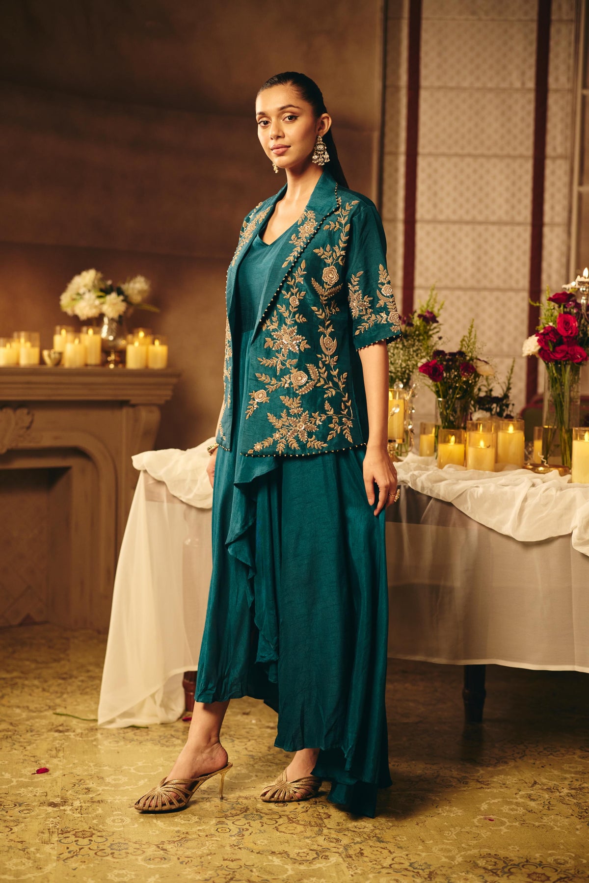 Teal Green Embellished Raw Silk Jacket Dress