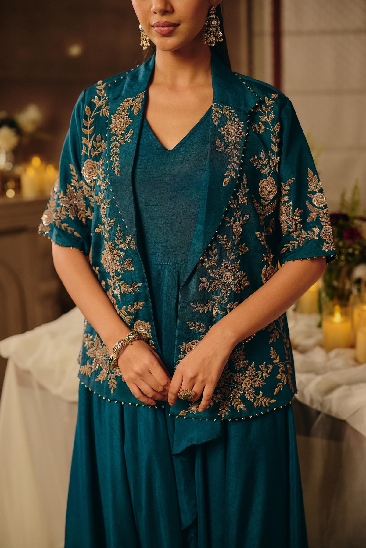 Teal Green Embellished Raw Silk Jacket Dress
