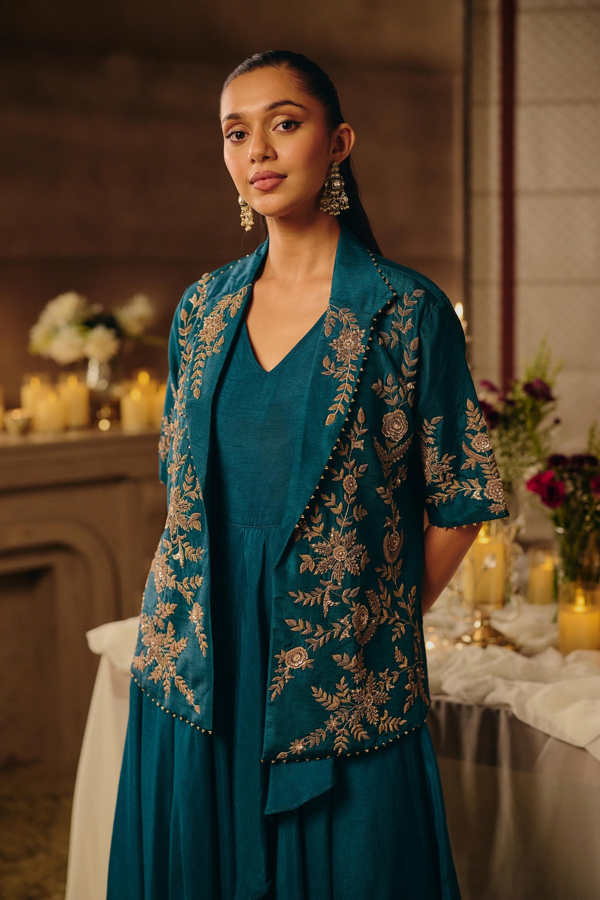 Teal Green Embellished Raw Silk Jacket Dress