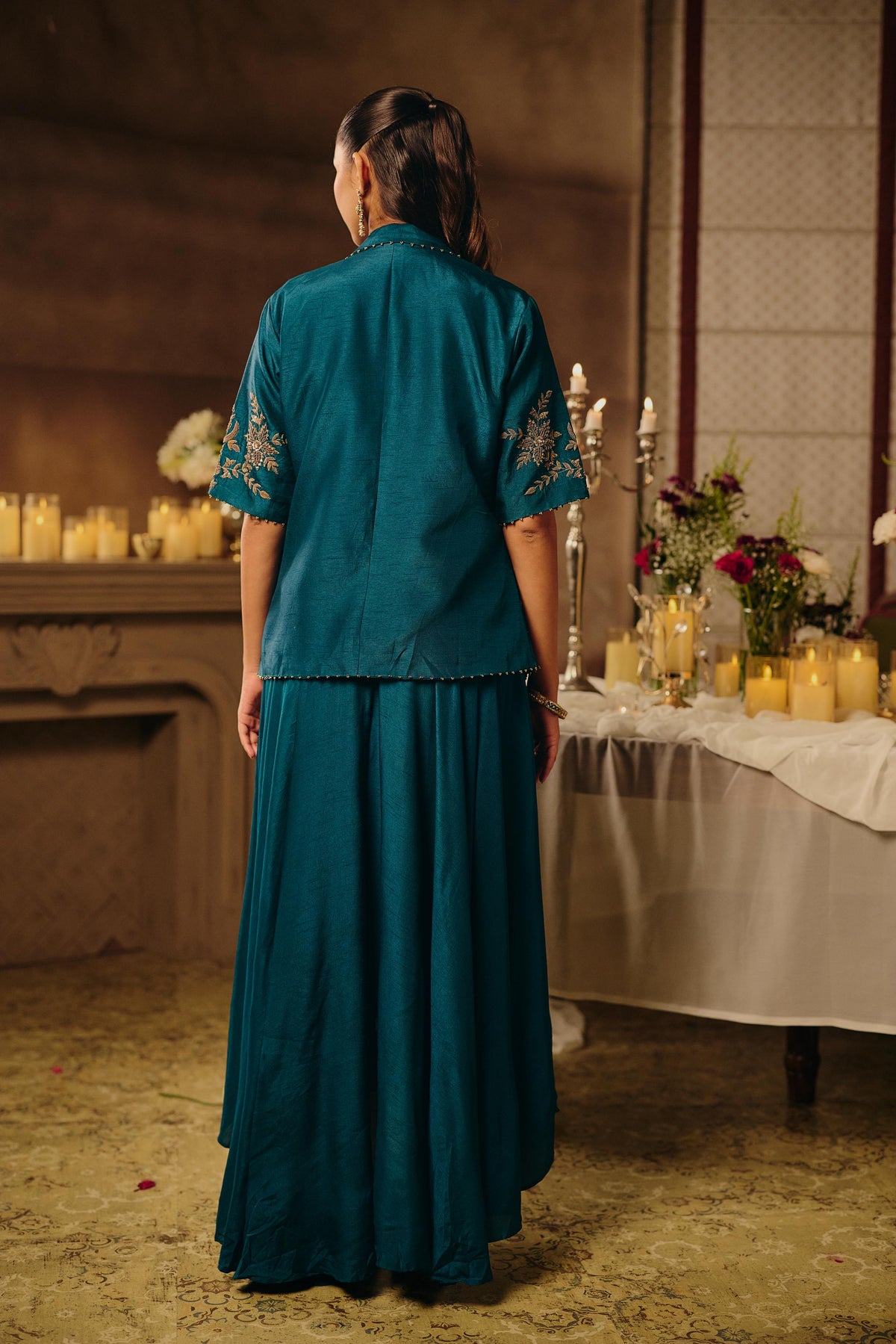Teal Green Embellished Raw Silk Jacket Dress