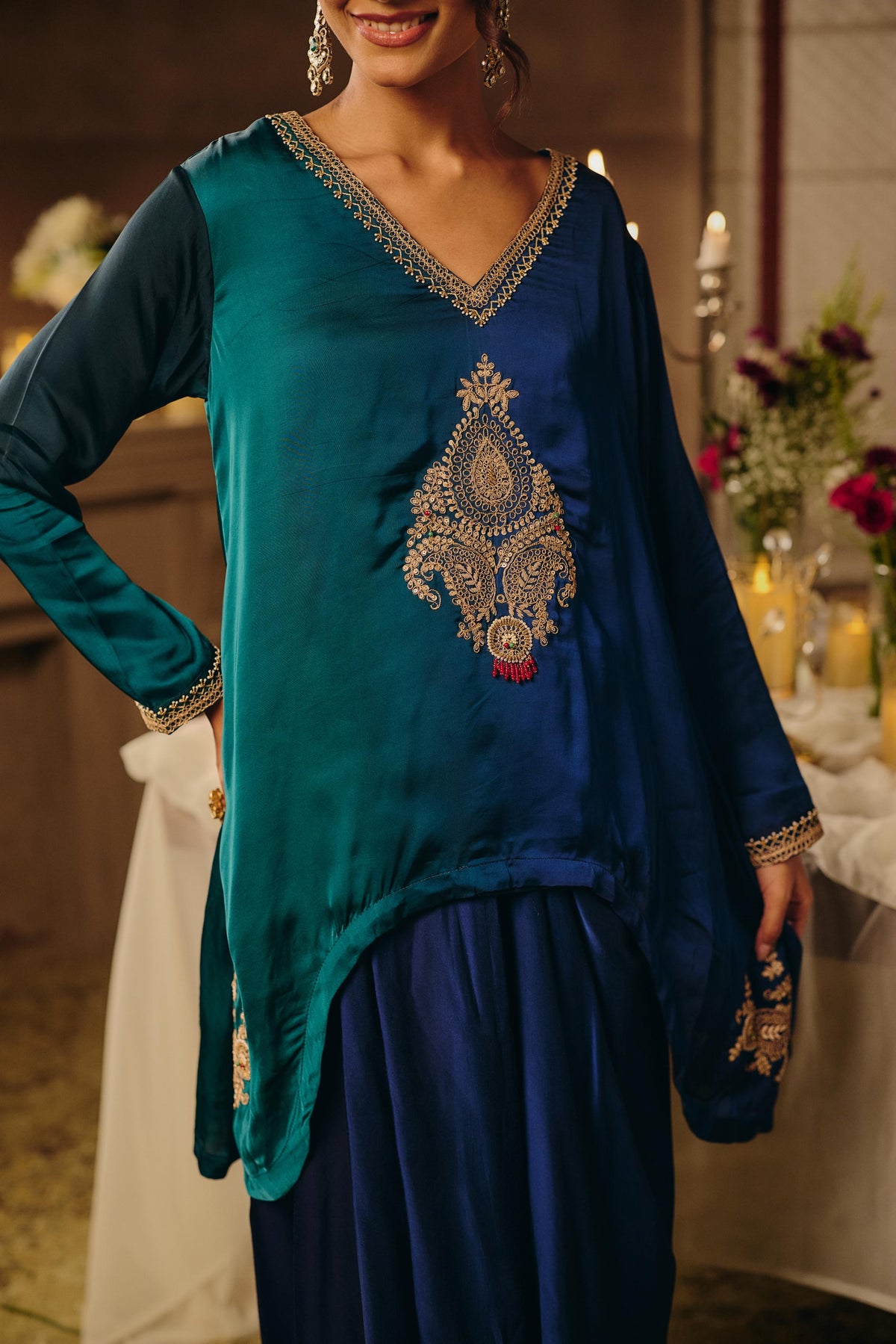 Teal Green & Blue Ombre Embellished Satin Silk Skirt Set