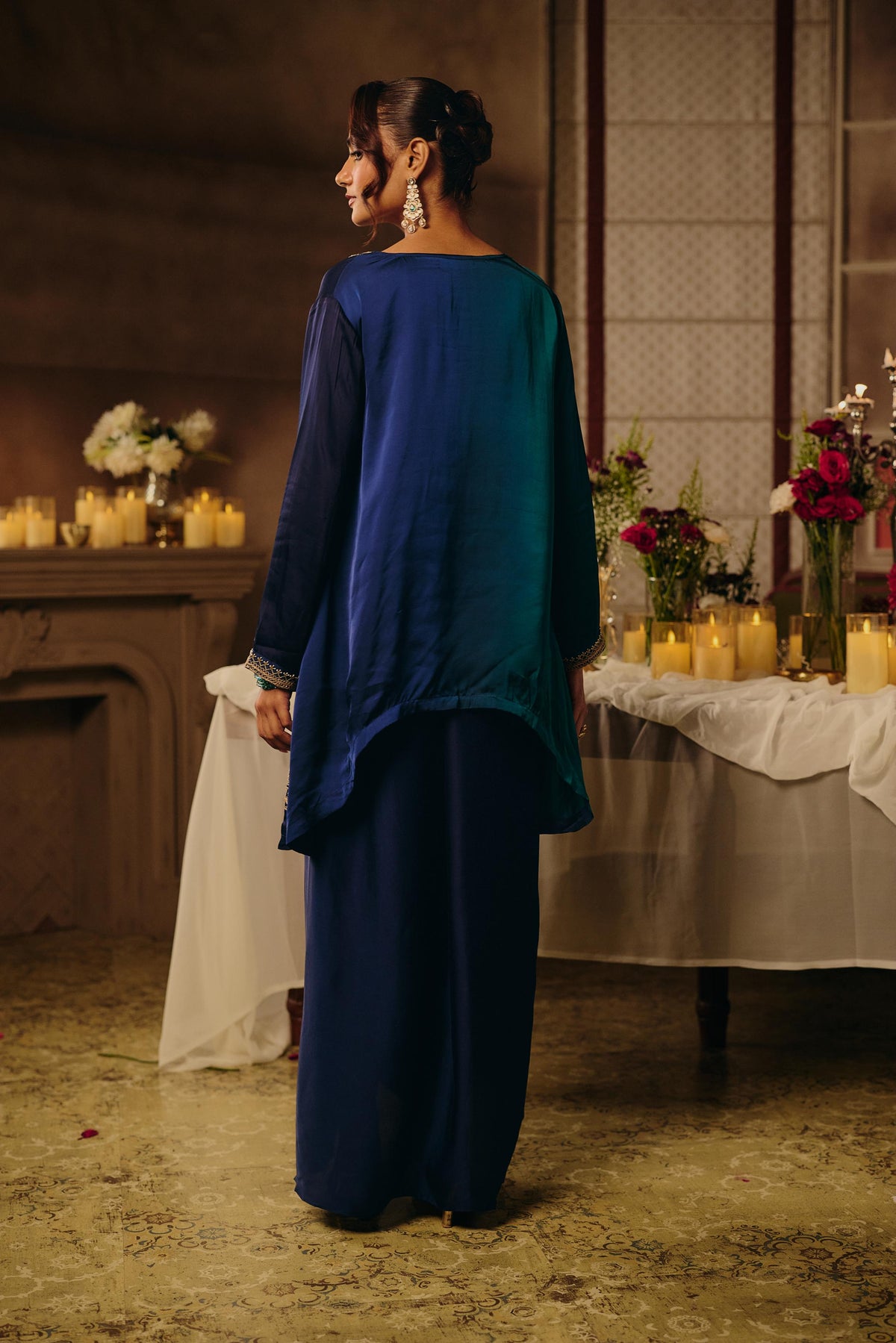 Teal Green & Blue Ombre Embellished Satin Silk Skirt Set