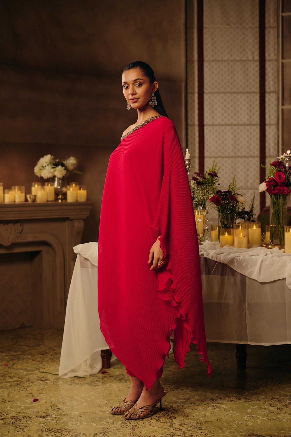 Bright Fuchsia Pink Embellished Georgette Silk Dhoti Set