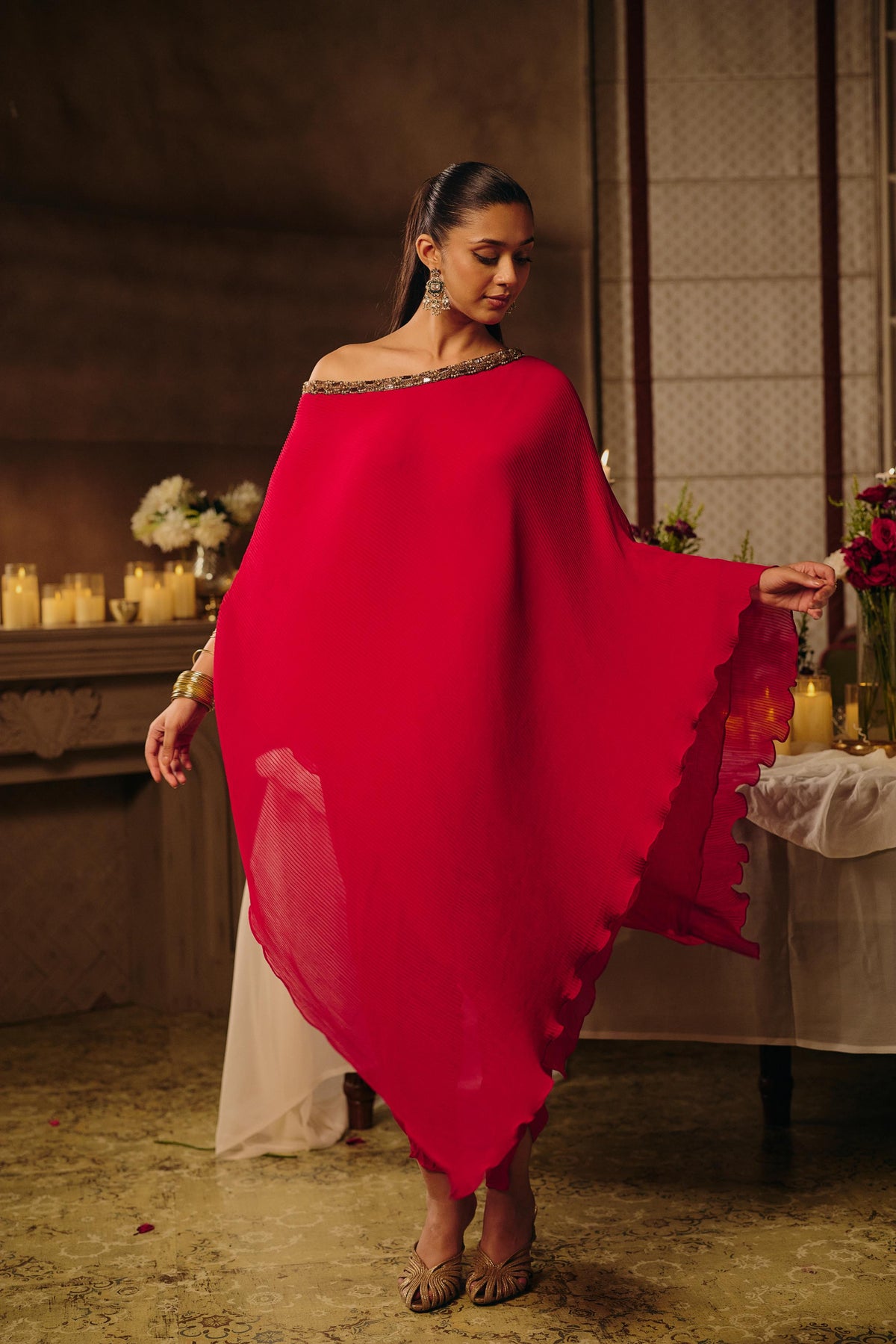 Bright Fuchsia Pink Embellished Georgette Silk Dhoti Set