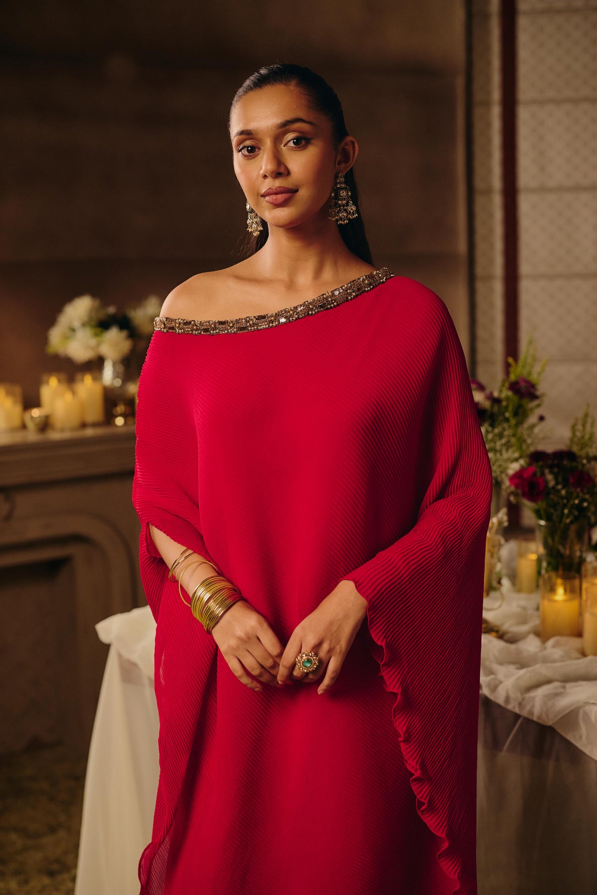 Bright Fuchsia Pink Embellished Georgette Silk Dhoti Set