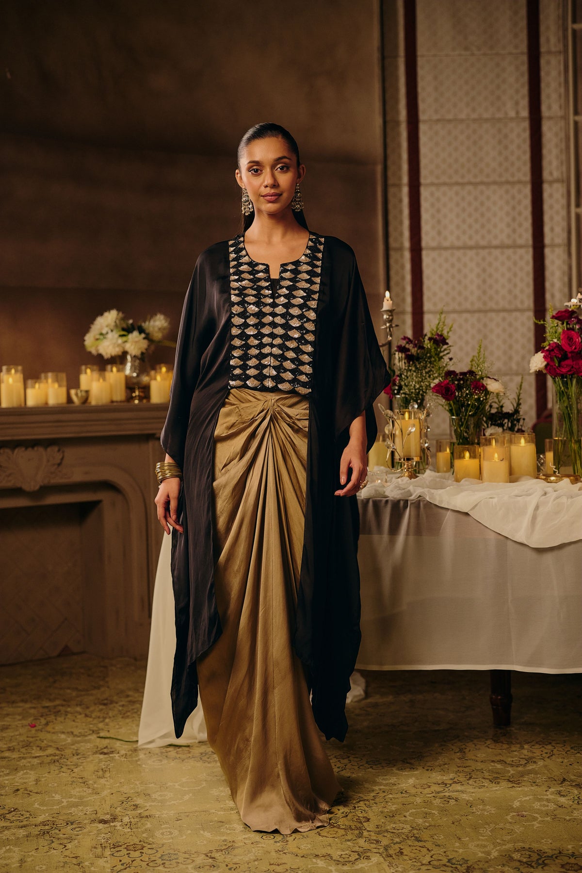Jet Black Embellished Satin Silk Skirt Set