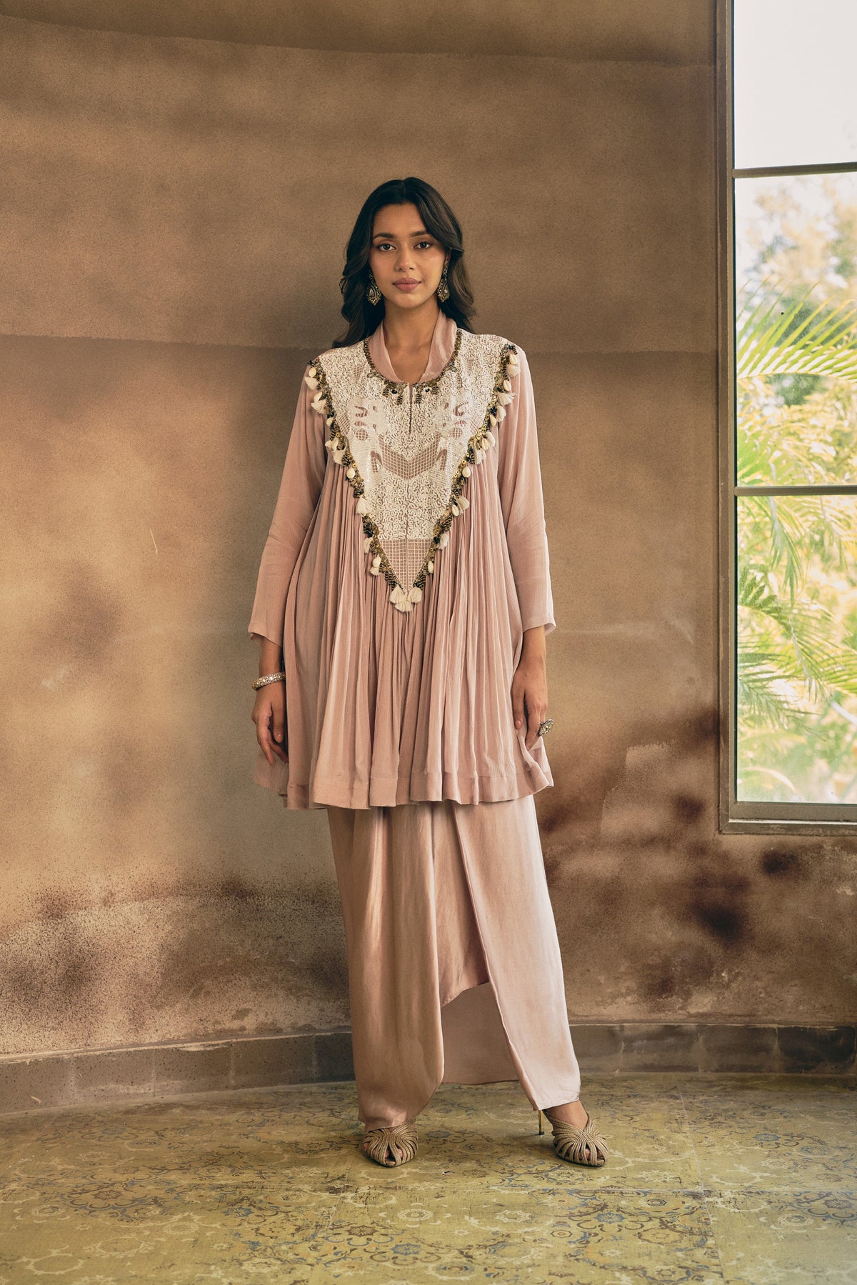 Soft Pink Embellished Georgette Silk Skirt Set