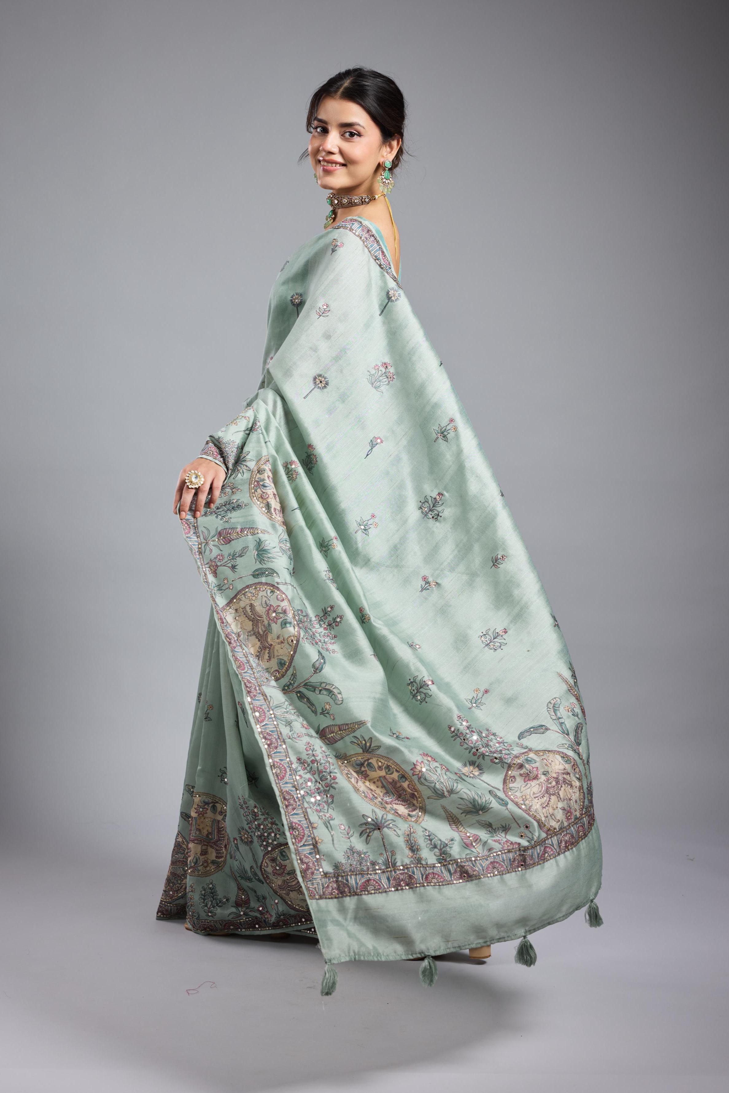 Light Teal Kalamkari Bhagalpuri Tussar Silk Saree