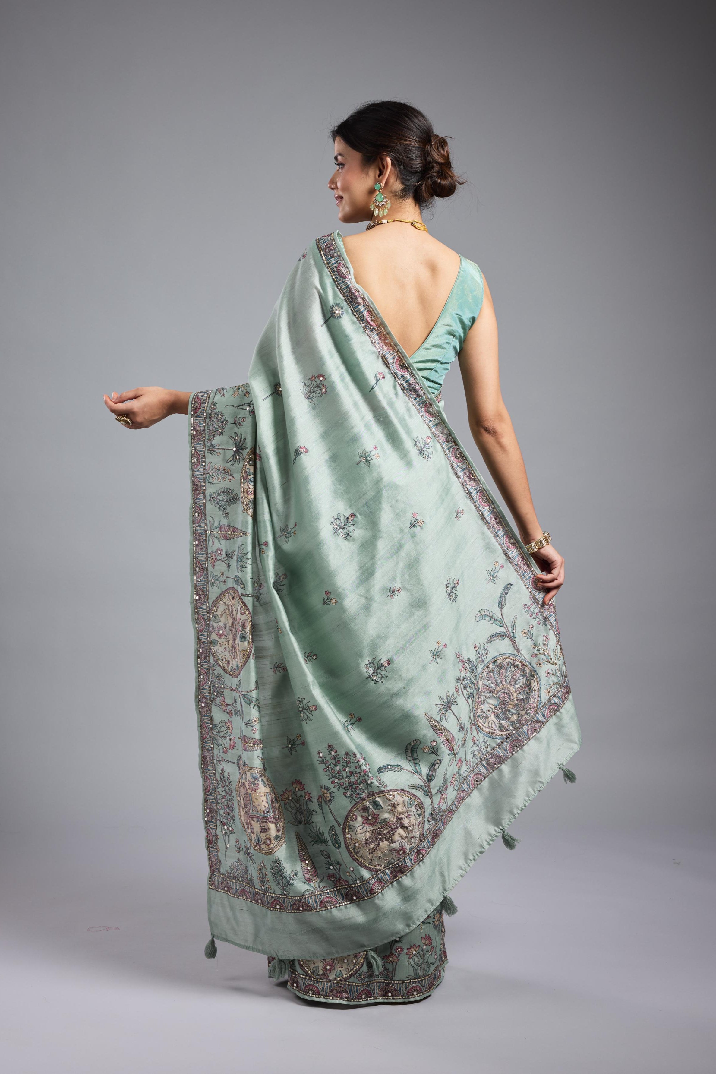 Light Teal Kalamkari Bhagalpuri Tussar Silk Saree