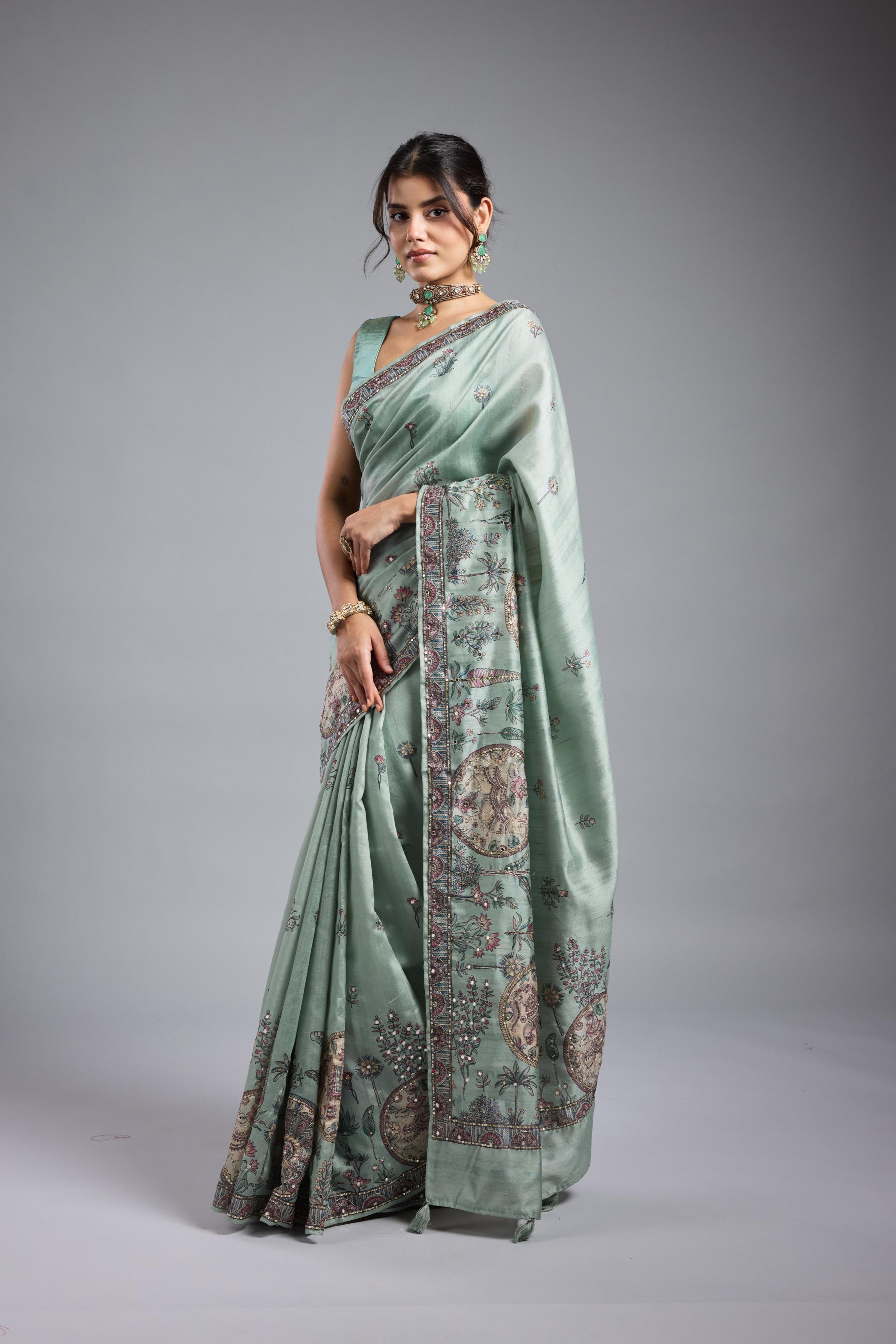 Light Teal Kalamkari Bhagalpuri Tussar Silk Saree