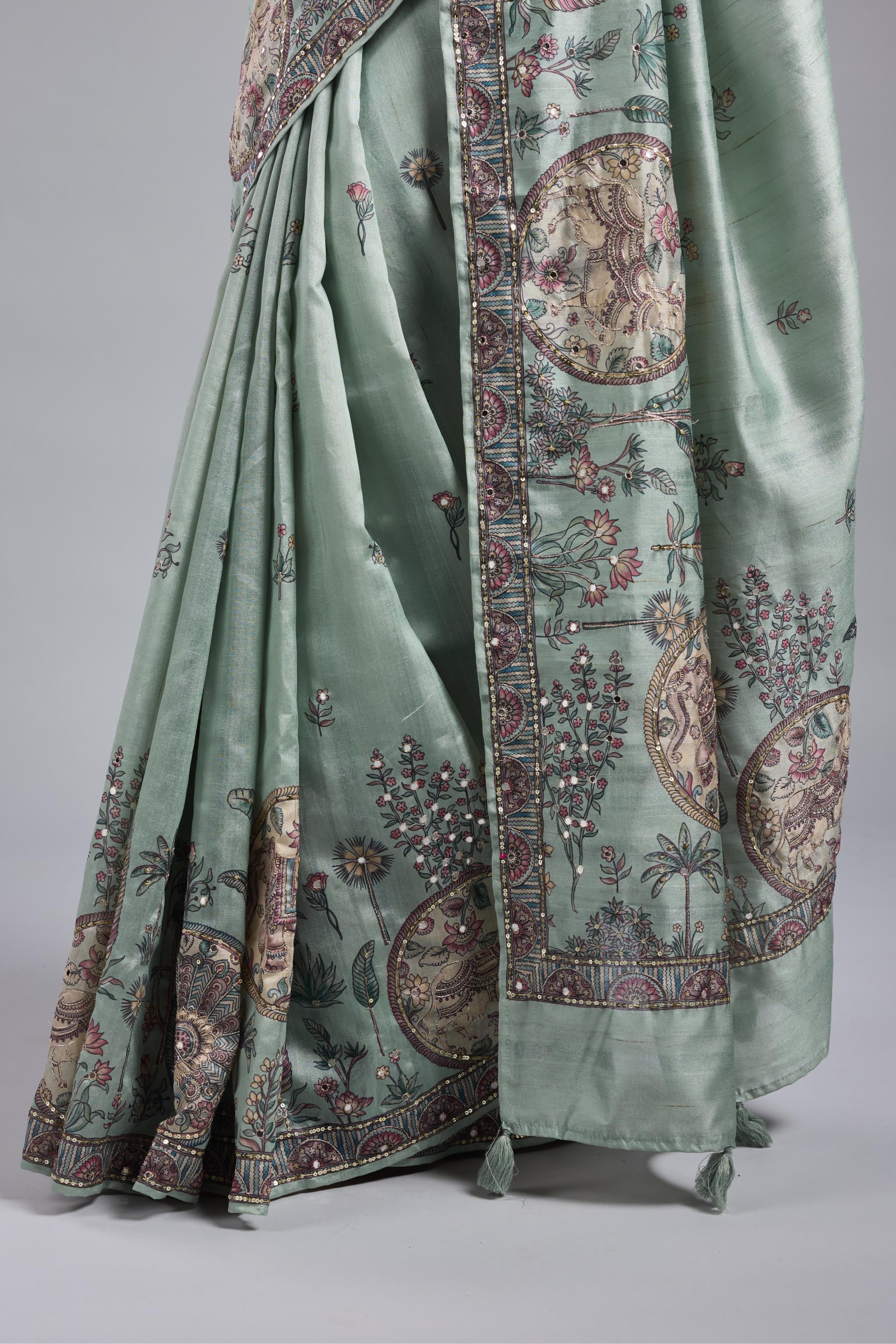 Light Teal Kalamkari Bhagalpuri Tussar Silk Saree