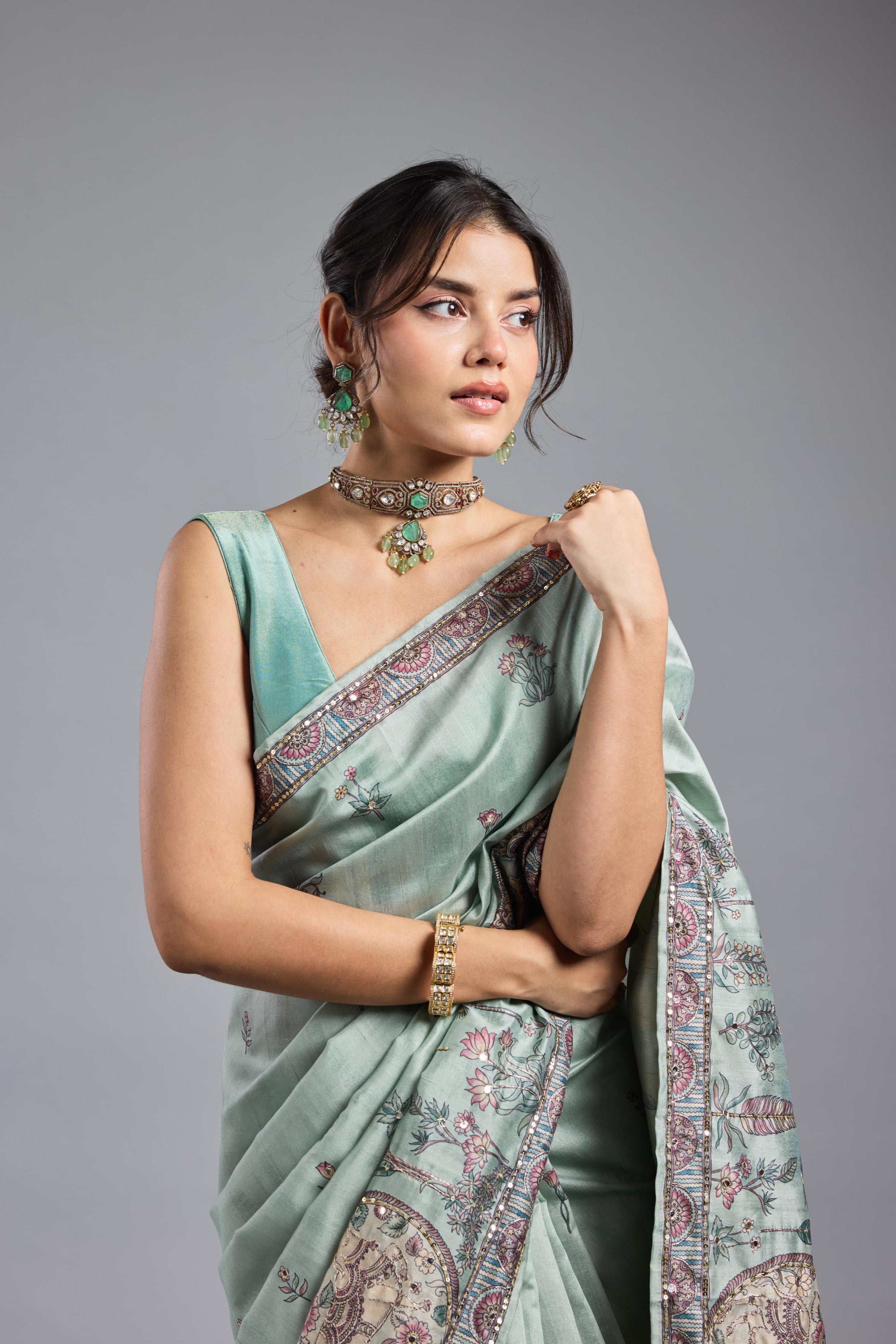 Light Teal Kalamkari Bhagalpuri Tussar Silk Saree