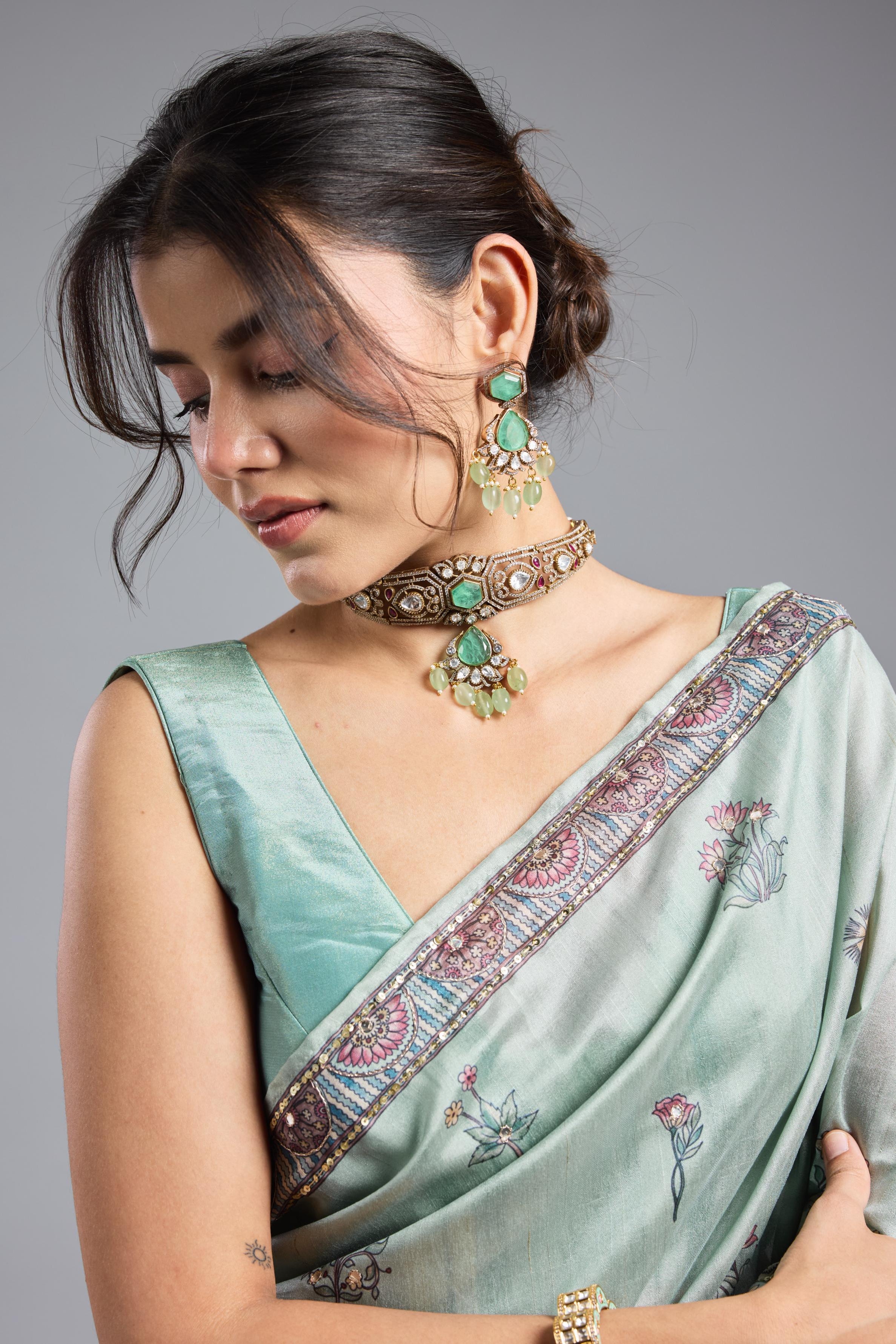 Light Teal Kalamkari Bhagalpuri Tussar Silk Saree