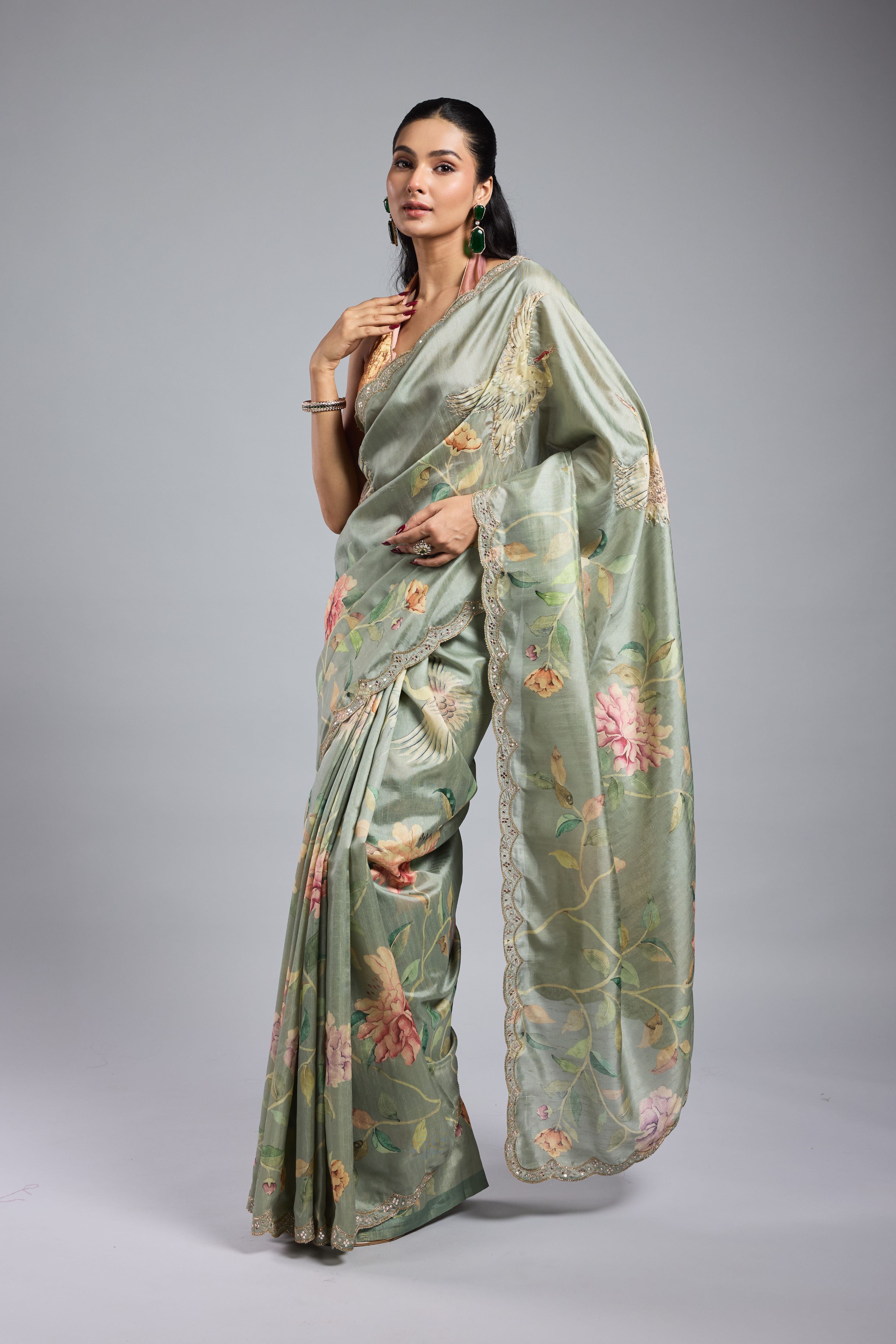 Green Printed Bhagalpuri Tussar Silk Saree