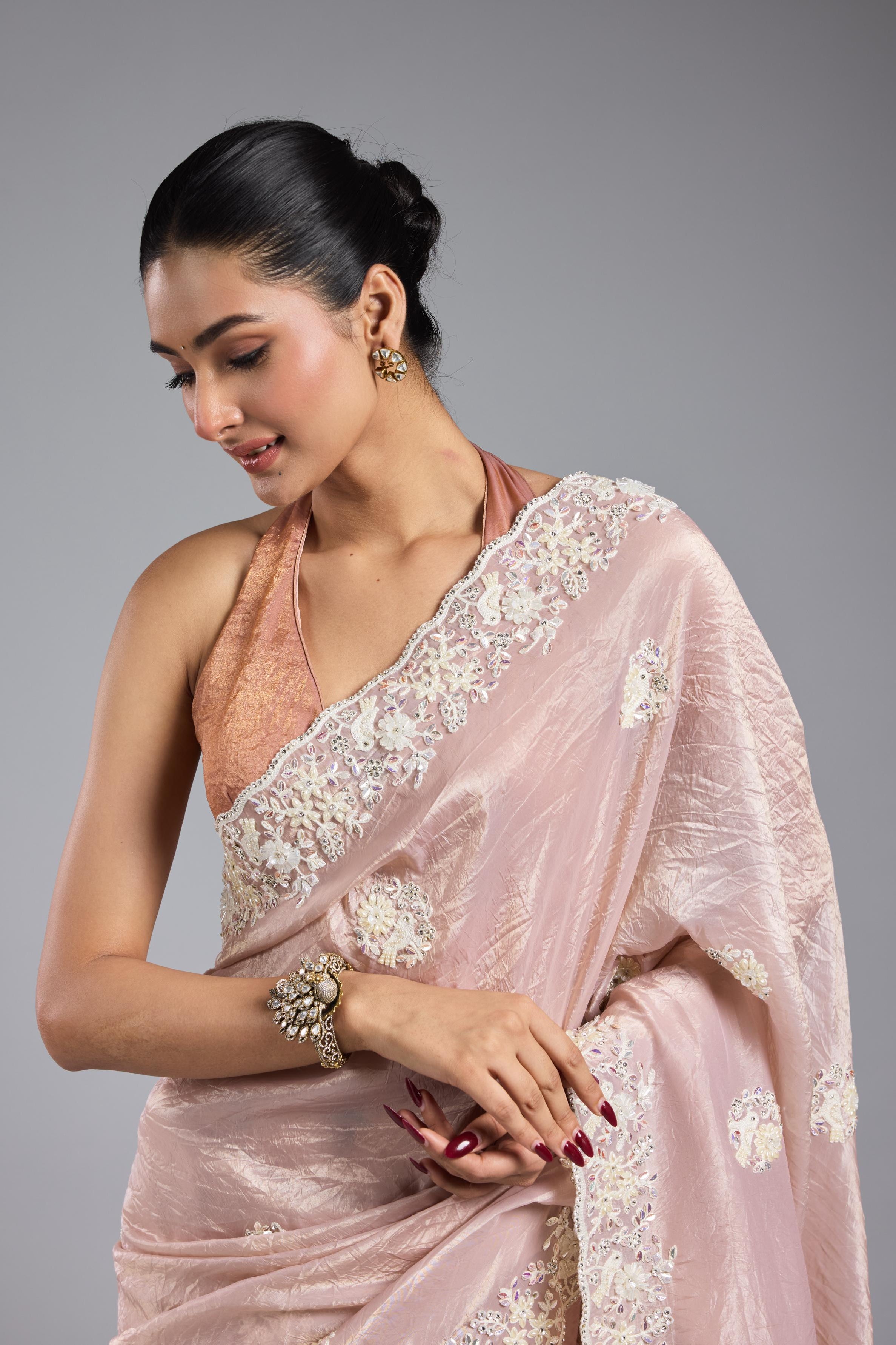 Soft Pink Embroidered Shimmer Silk Saree
