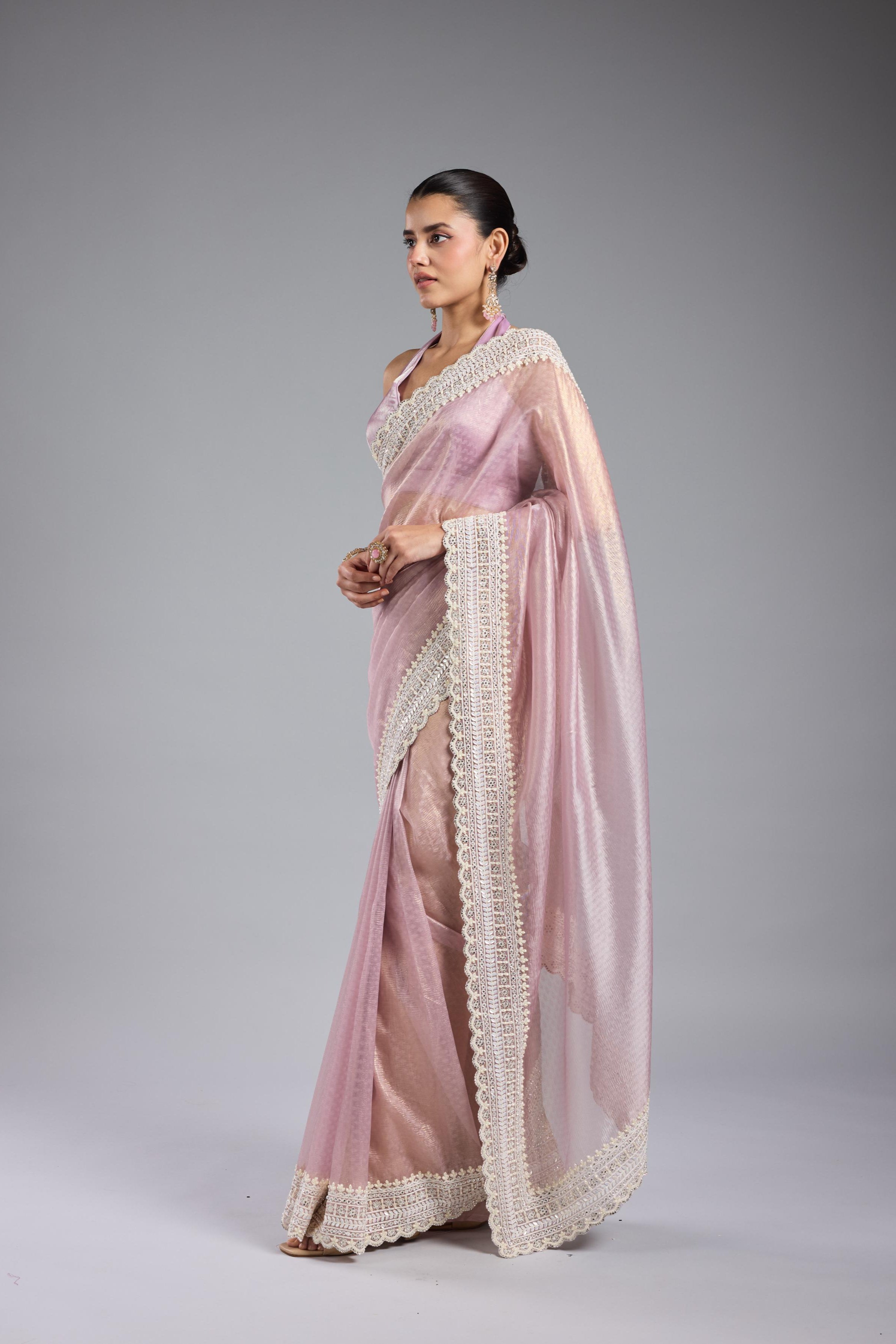Pastel Pink Embroidered Shimmer Silk Saree