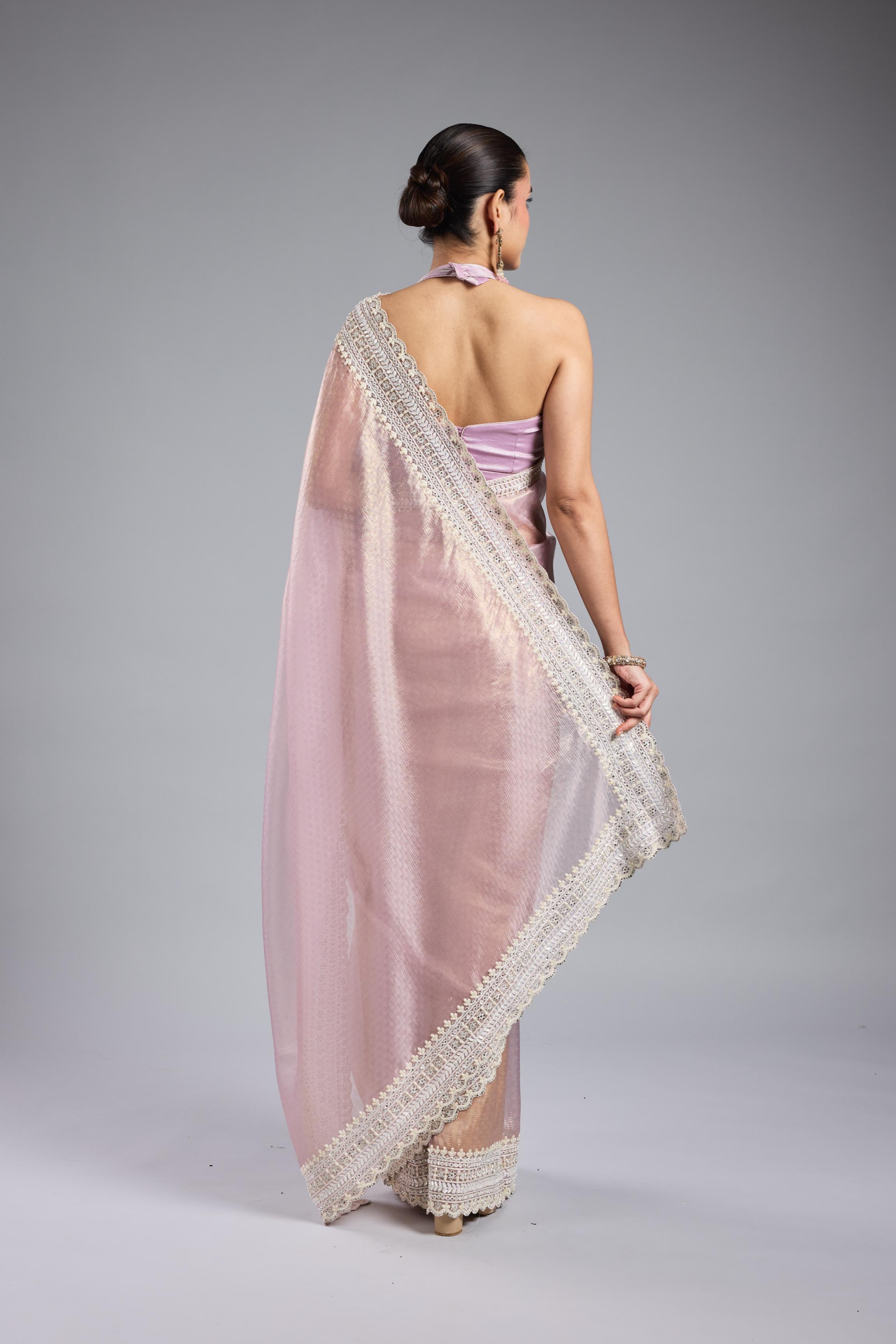 Pastel Pink Embroidered Shimmer Silk Saree