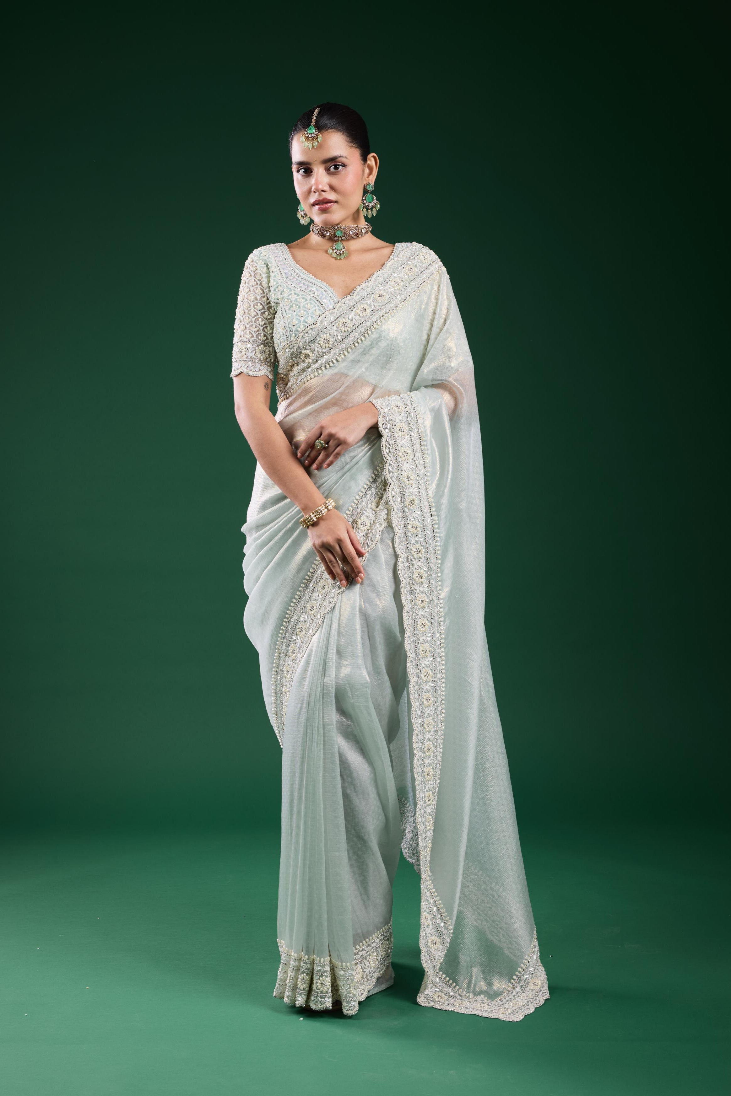 Pastel Blue Embroidered Shimmer Silk Saree