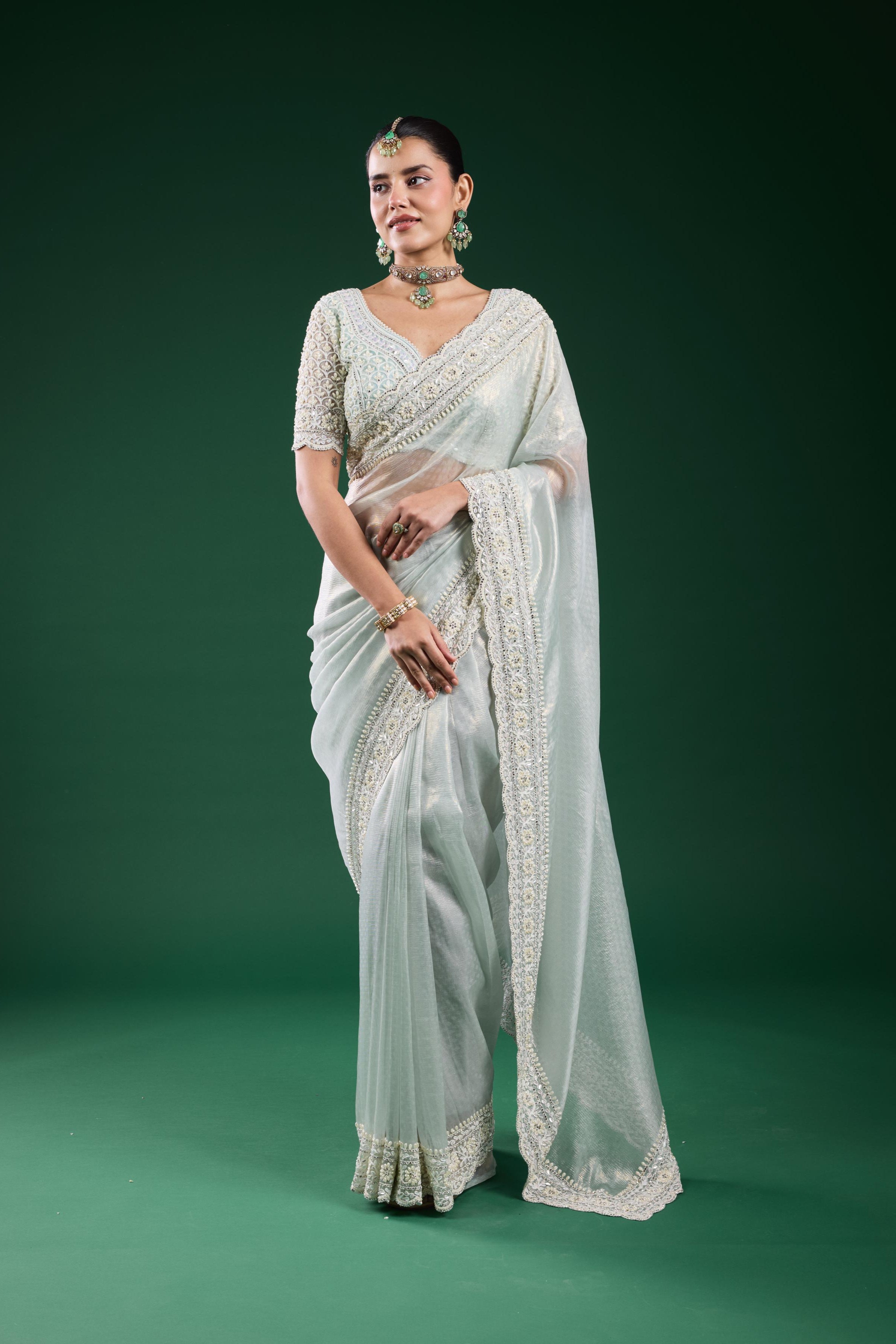 Pastel Blue Embroidered Shimmer Silk Saree