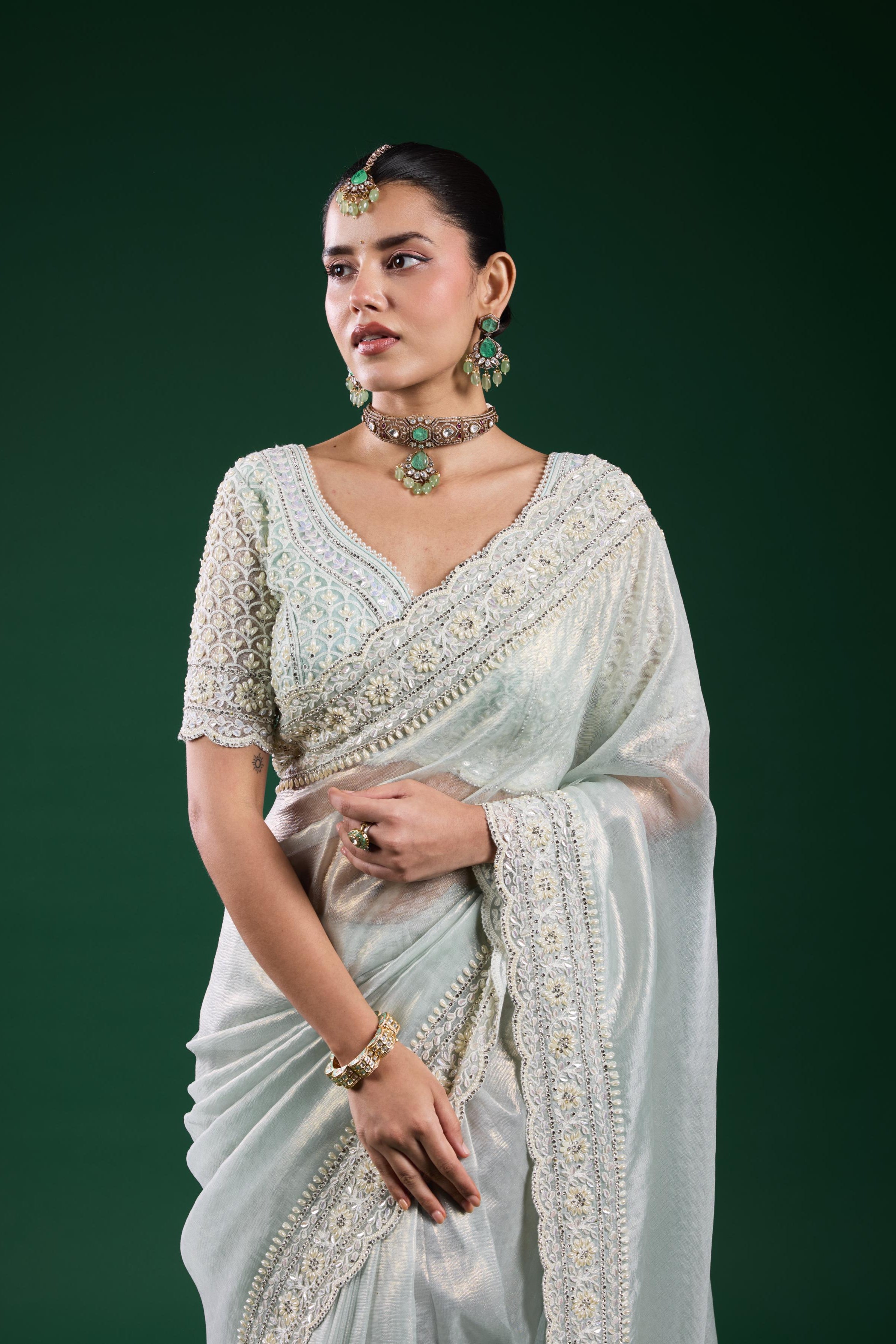 Pastel Blue Embroidered Shimmer Silk Saree