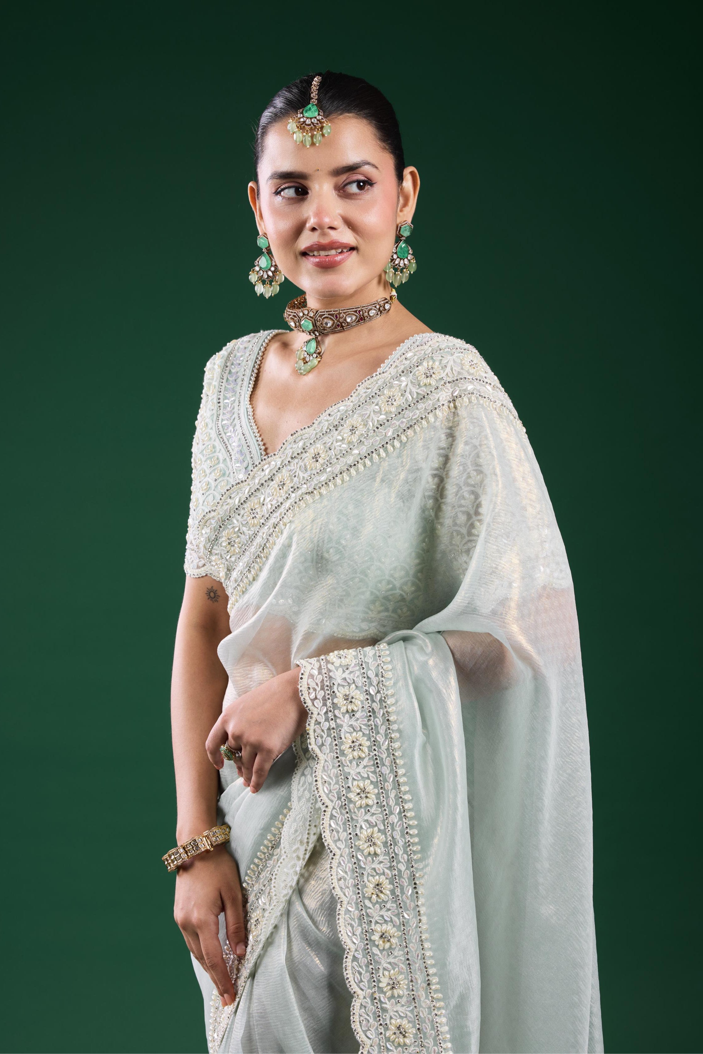 Pastel Blue Embroidered Shimmer Silk Saree