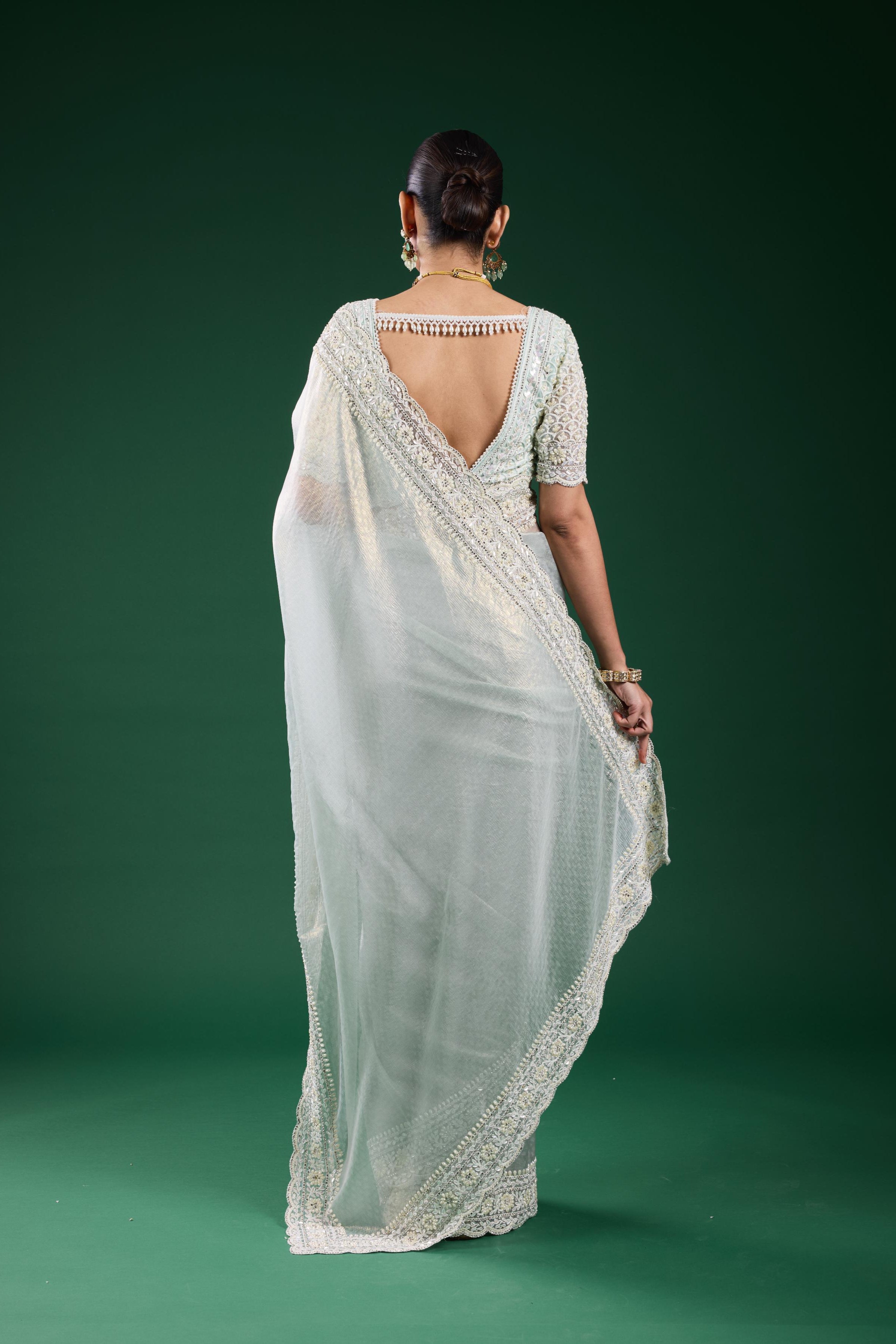 Pastel Blue Embroidered Shimmer Silk Saree