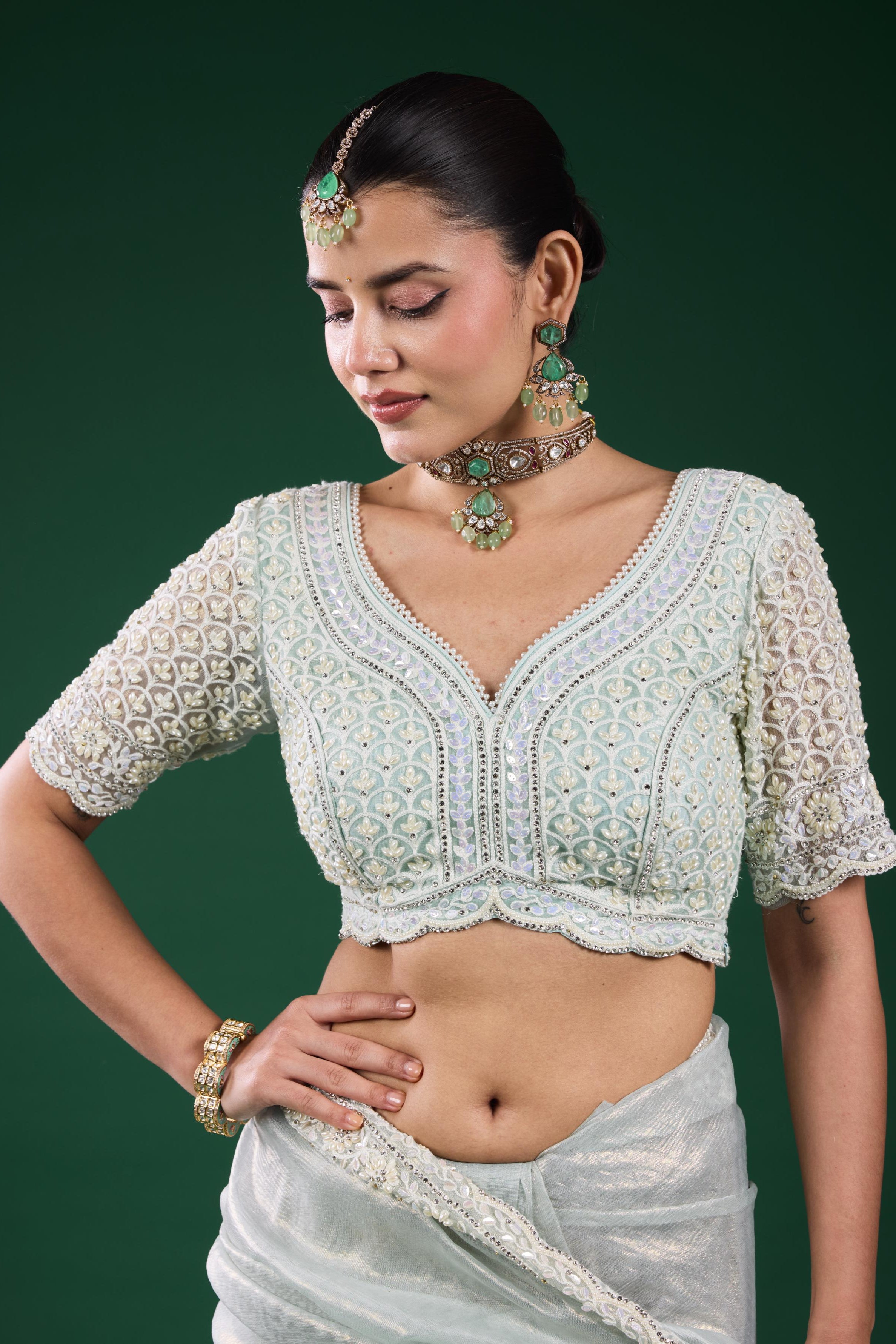 Pastel Blue Embroidered Shimmer Silk Saree