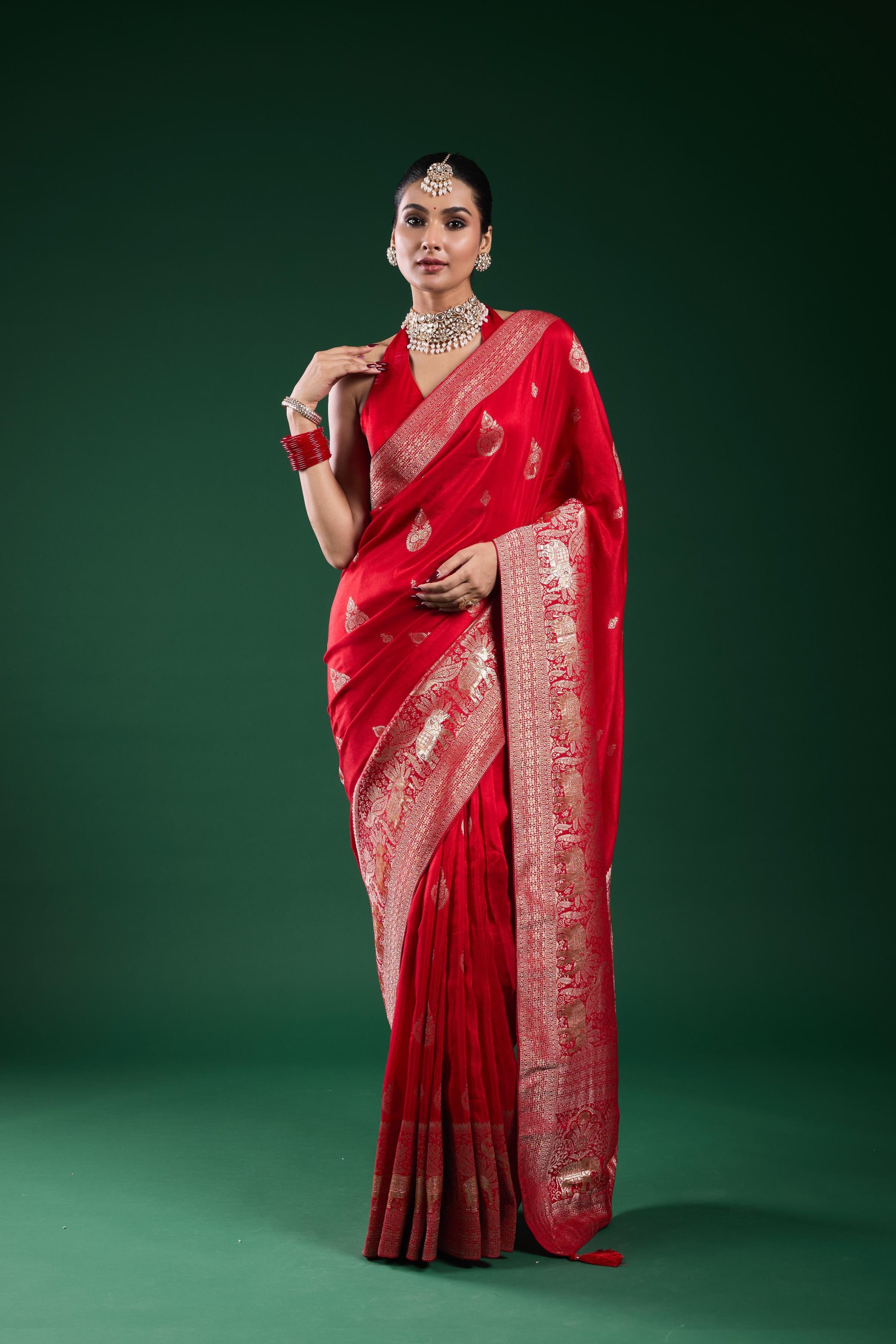 Bright Red Dola Silk Saree