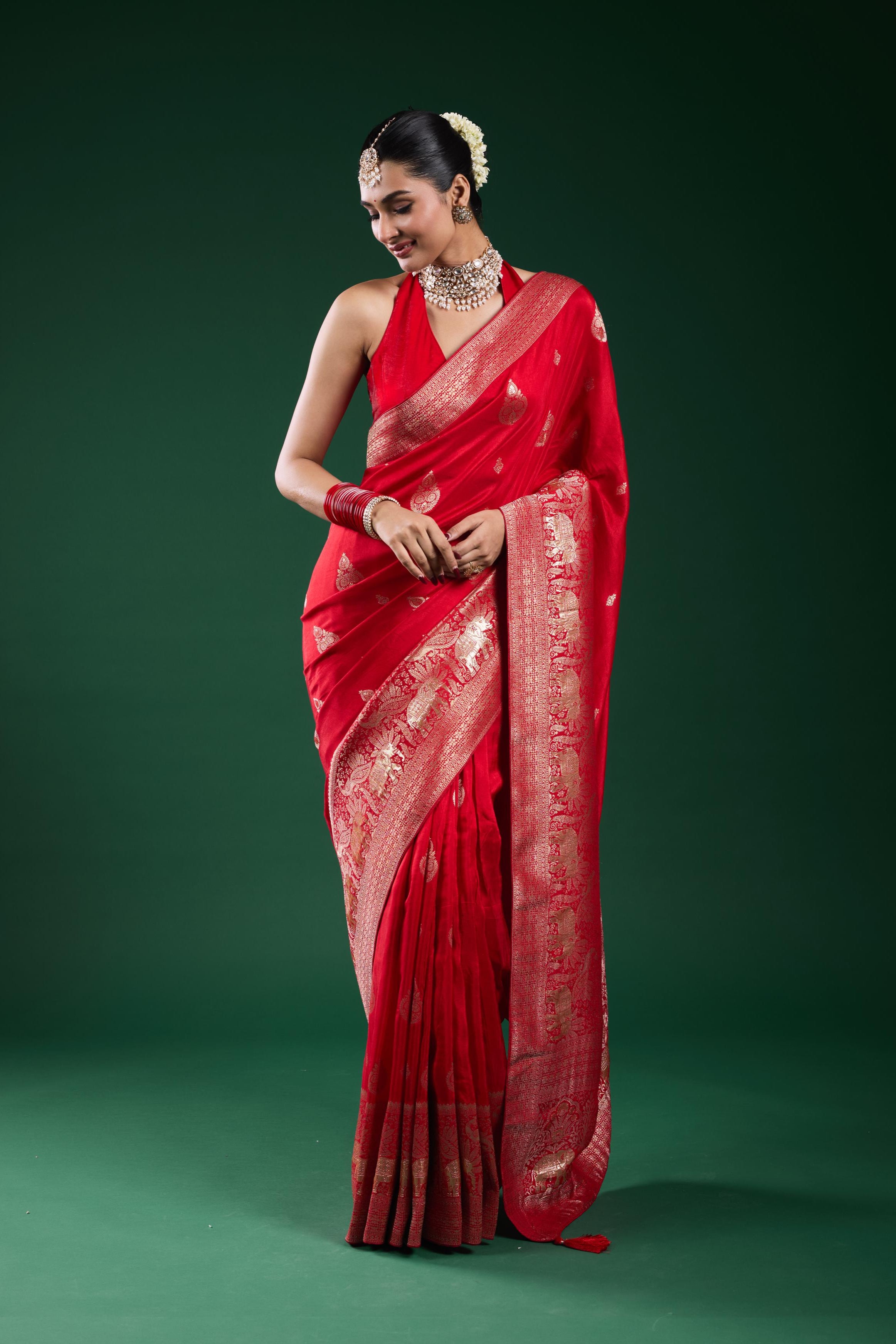 Bright Red Dola Silk Saree