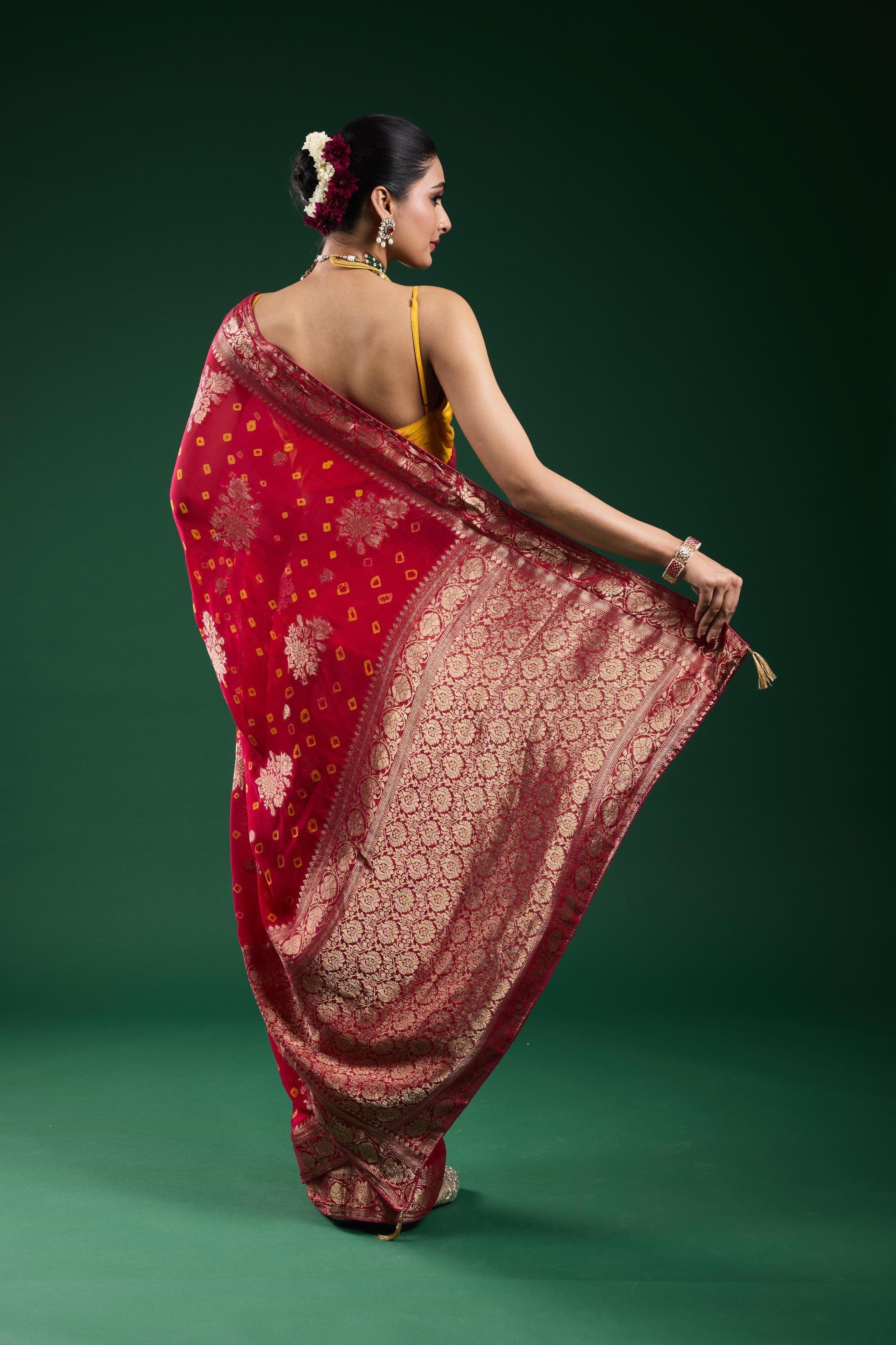 Red Bandhej Dola Silk Saree
