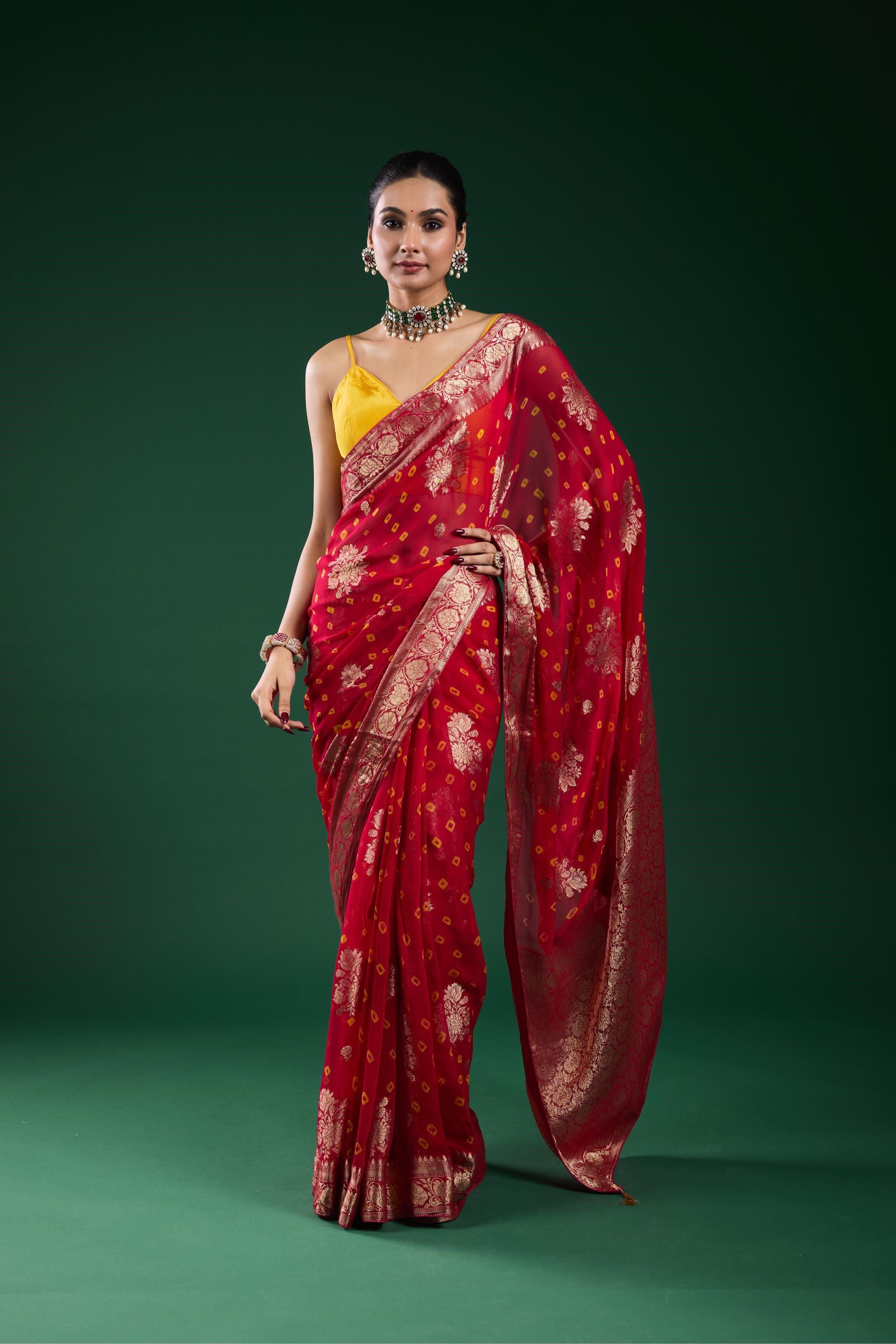 Red Bandhej Dola Silk Saree