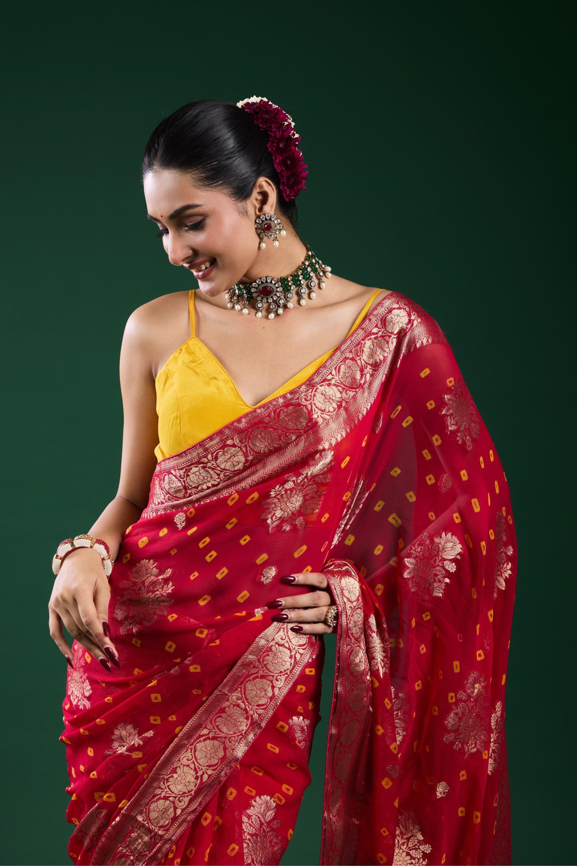 Red Bandhej Dola Silk Saree