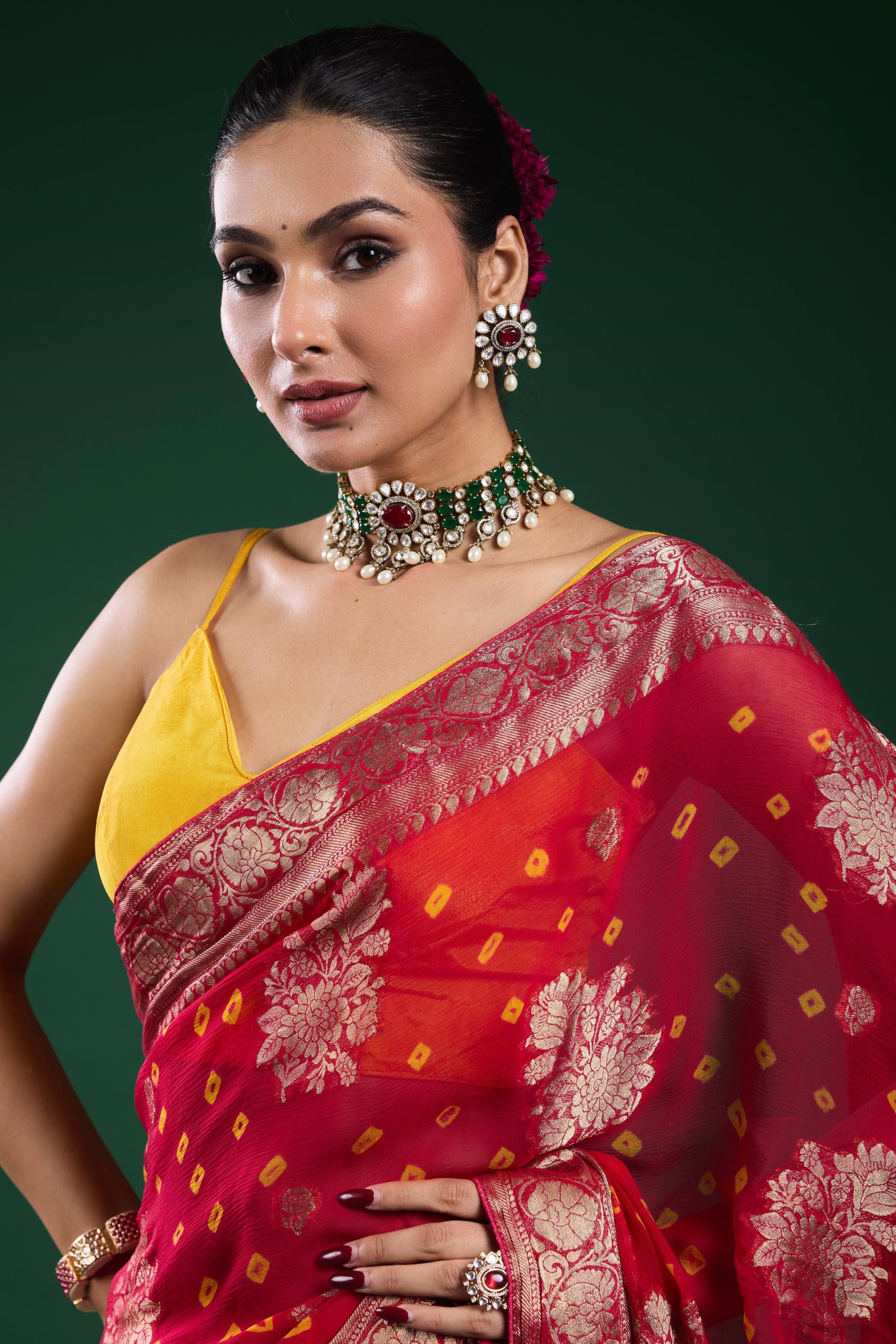 Red Bandhej Dola Silk Saree