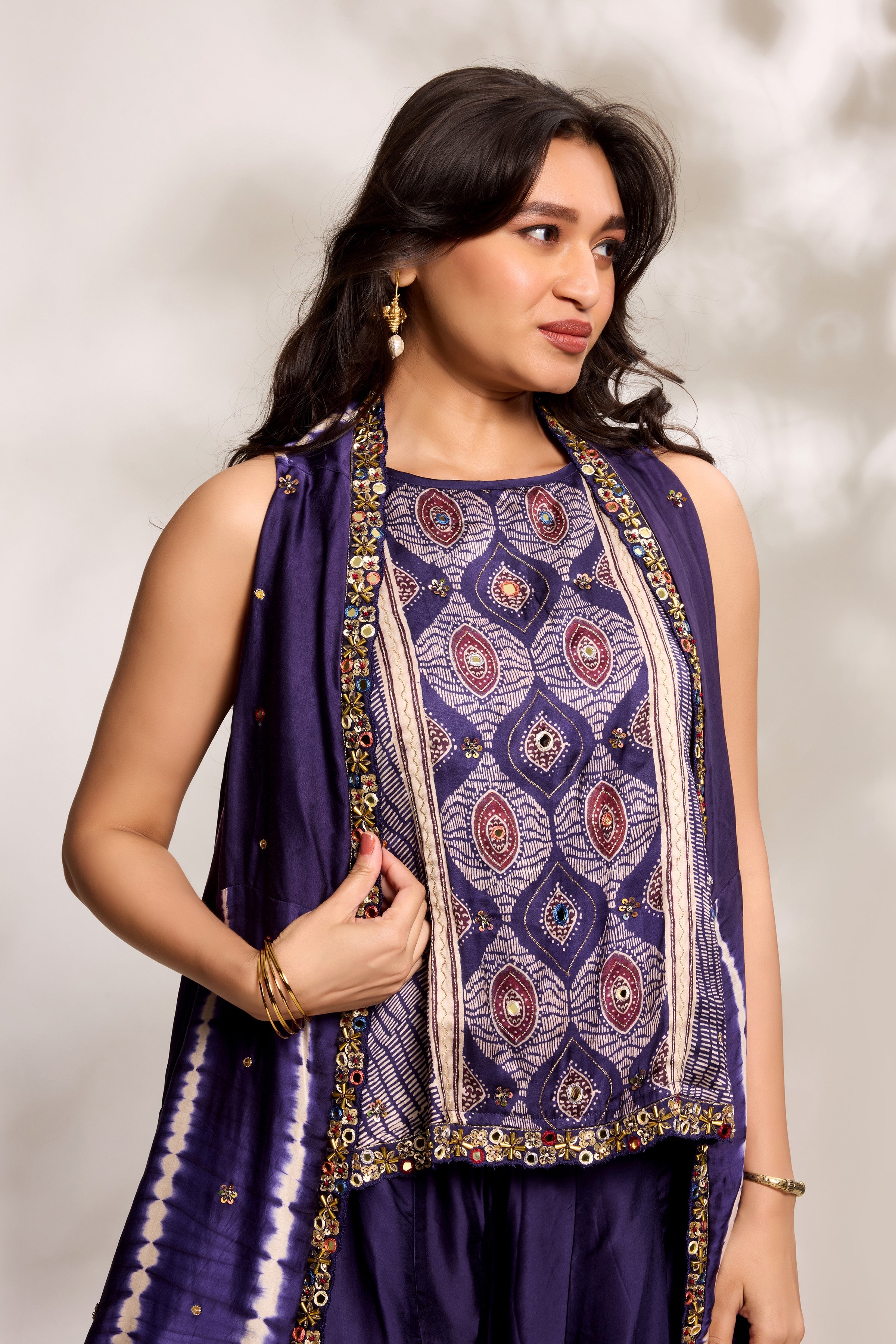 Deep Purple Printed Cape Set
