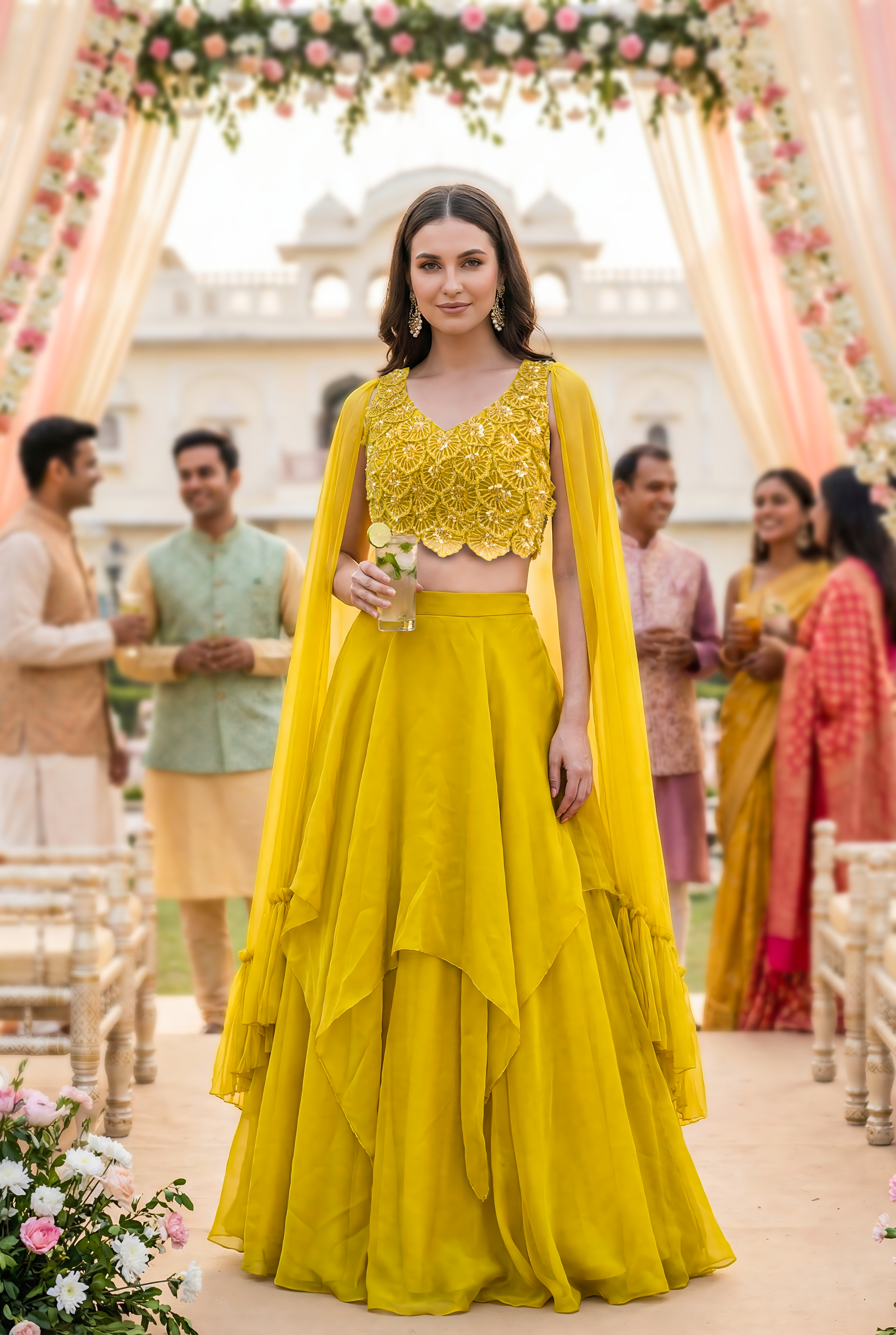 Lime Green Embellished Imported Fabric Skirt Set