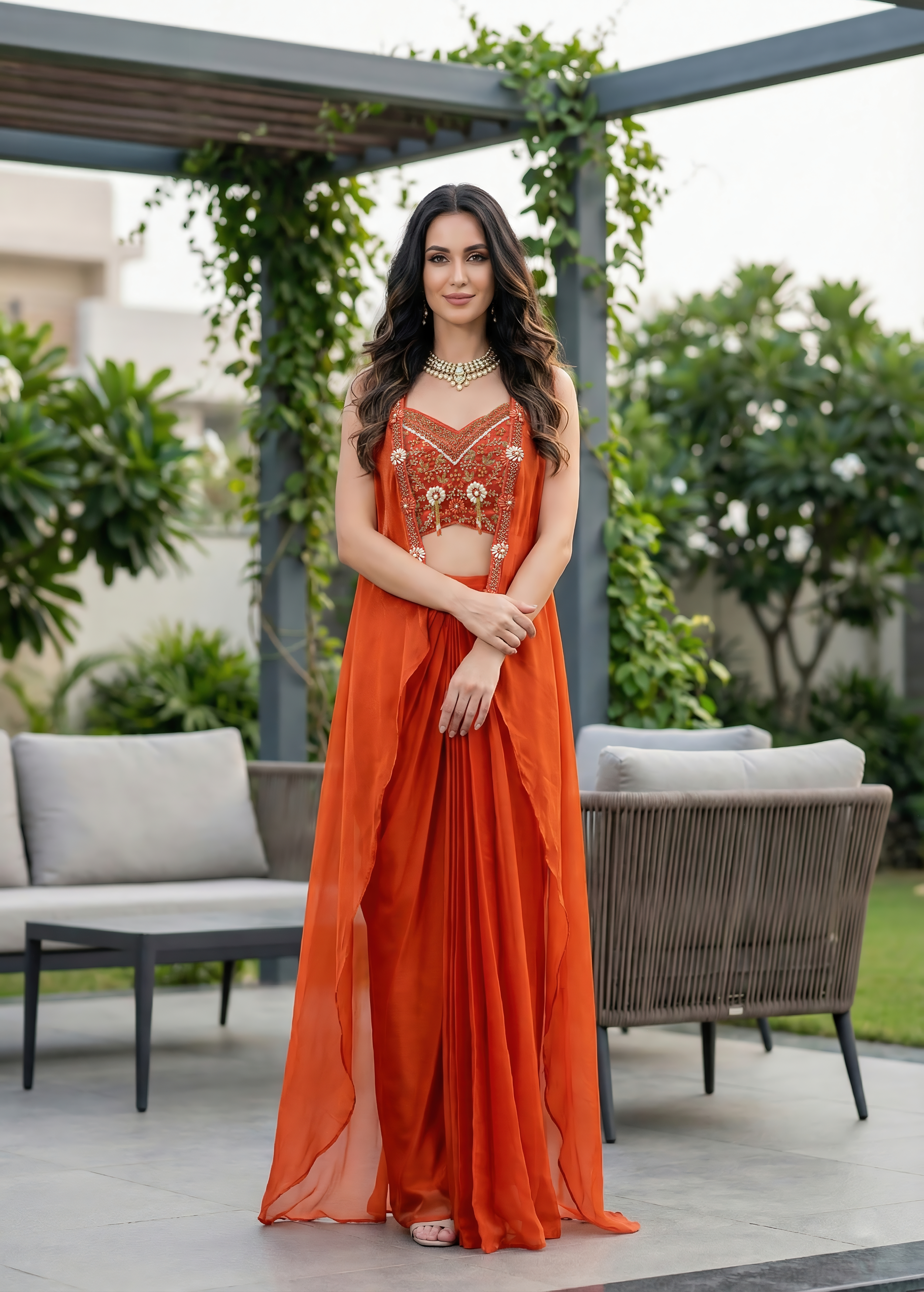 Teracotta Embellished Soft Organza Silk Skirt Set