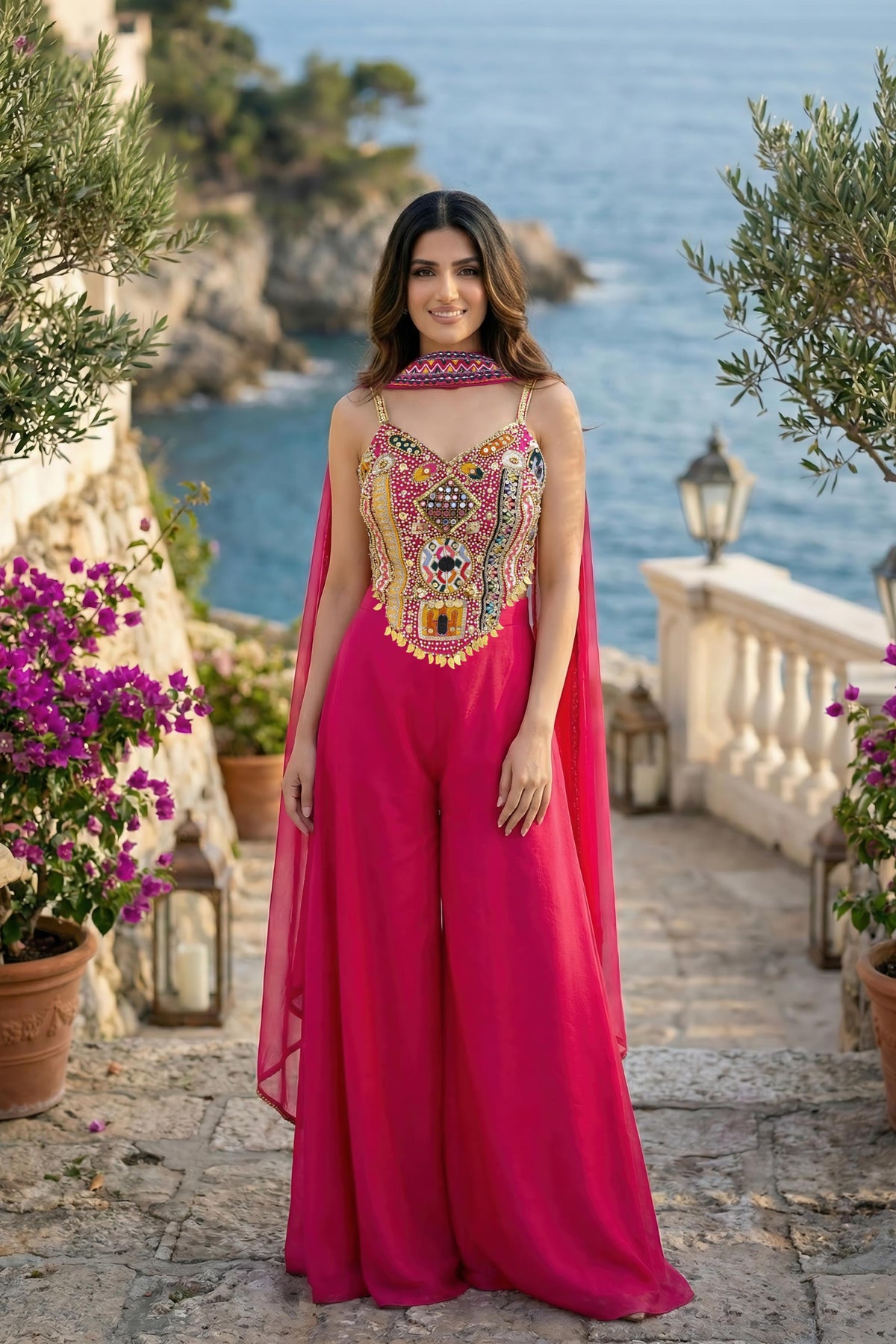 Magenta Pink Embellished Shimmer Silk Palazzo Set
