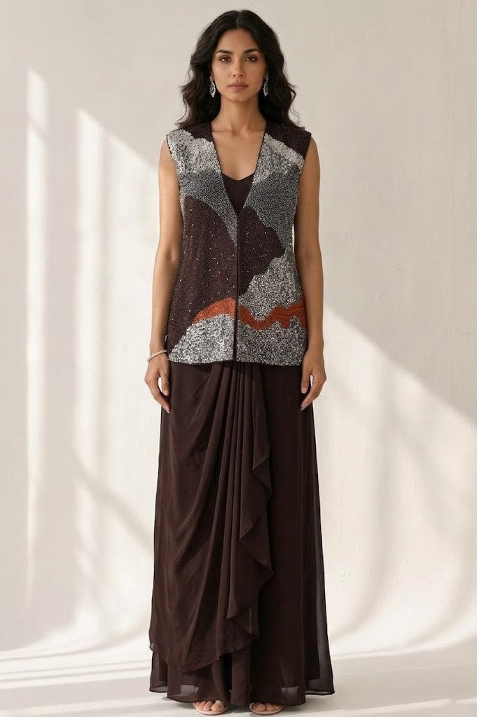 Espresso Brown Embellished Crepe Satin Silk Skirt Set